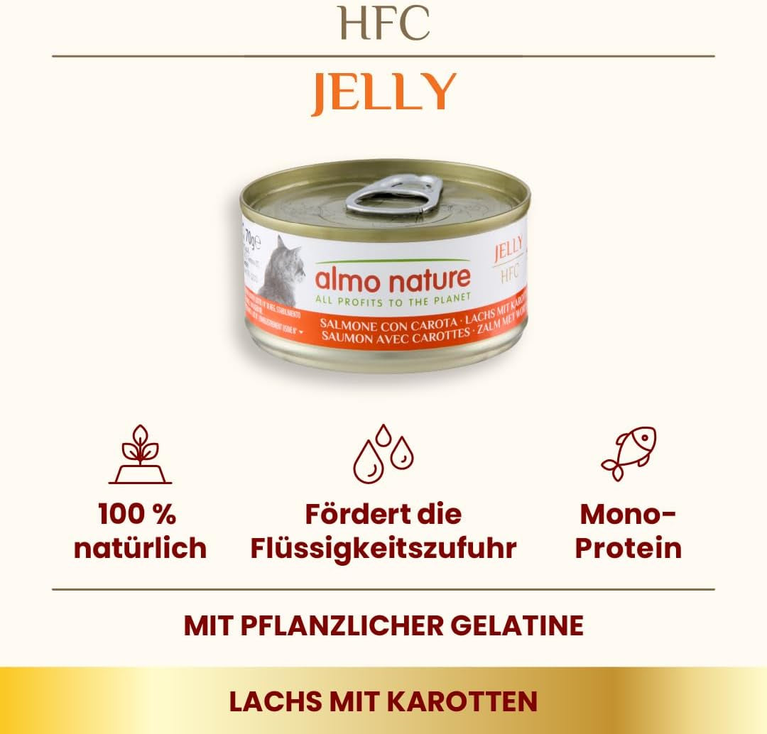 Almo Nature HFC Jelly - vlhké krmivo pro dospělé kočky - losos a mrkev - lidská kvalita, bez lepku - 6 x 70 g
