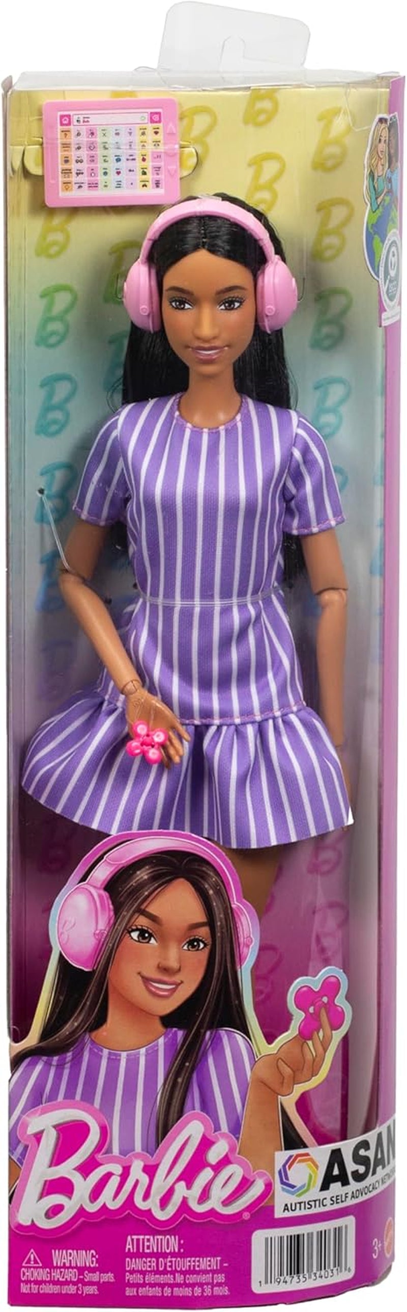 Panenka Barbie Fashionistas č. 245, autistická panenka s fialovými pruhovanými šaty a doplňky jako fidget spinner, tablet a sluchátka, JJN58