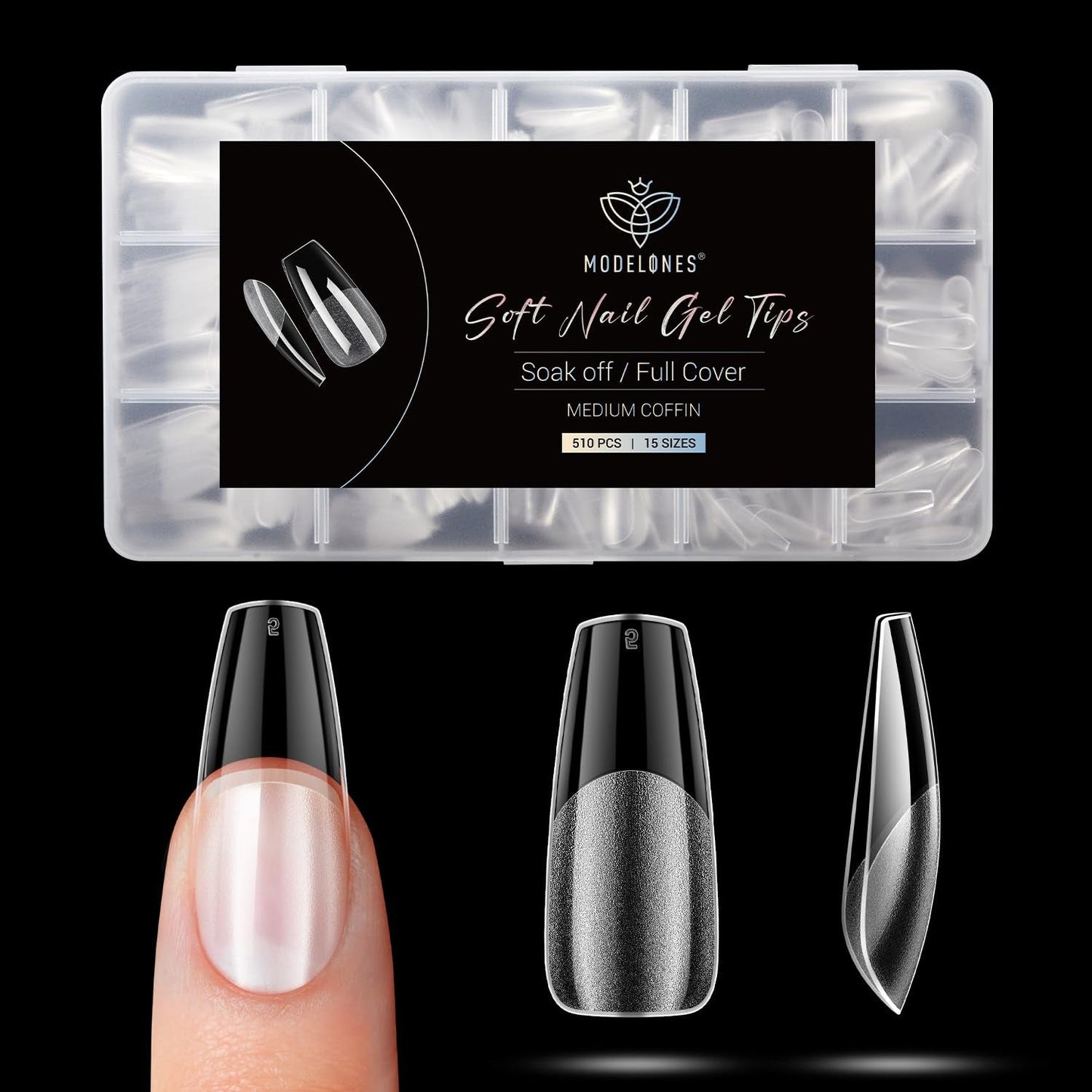 Modelones Nail Tips 510 kusů – sada nehtových špiček s úplným krytem, ​​sada gelových špiček, předleštění špiček na nehty s PMMA pryskyřicí, umělé nehty pro lepení nail art DIY, krátký squoval