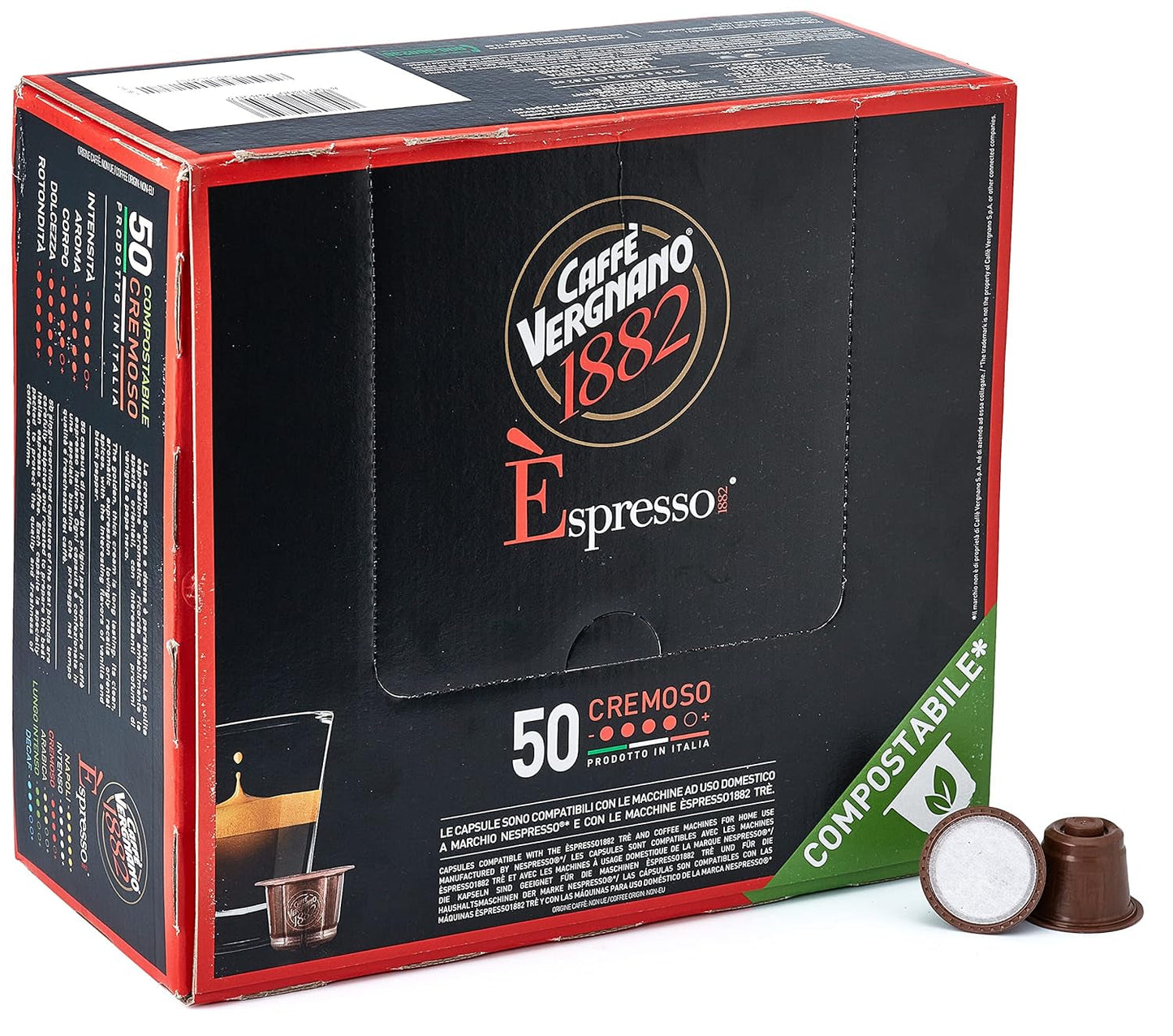 Caffè Vergnano 1882 - Èspresso Kompostierbare Kaffeekapseln, kompatibilní s Nespresso, Cremoso (krémová) - Packung Enthält 50 Kapseln