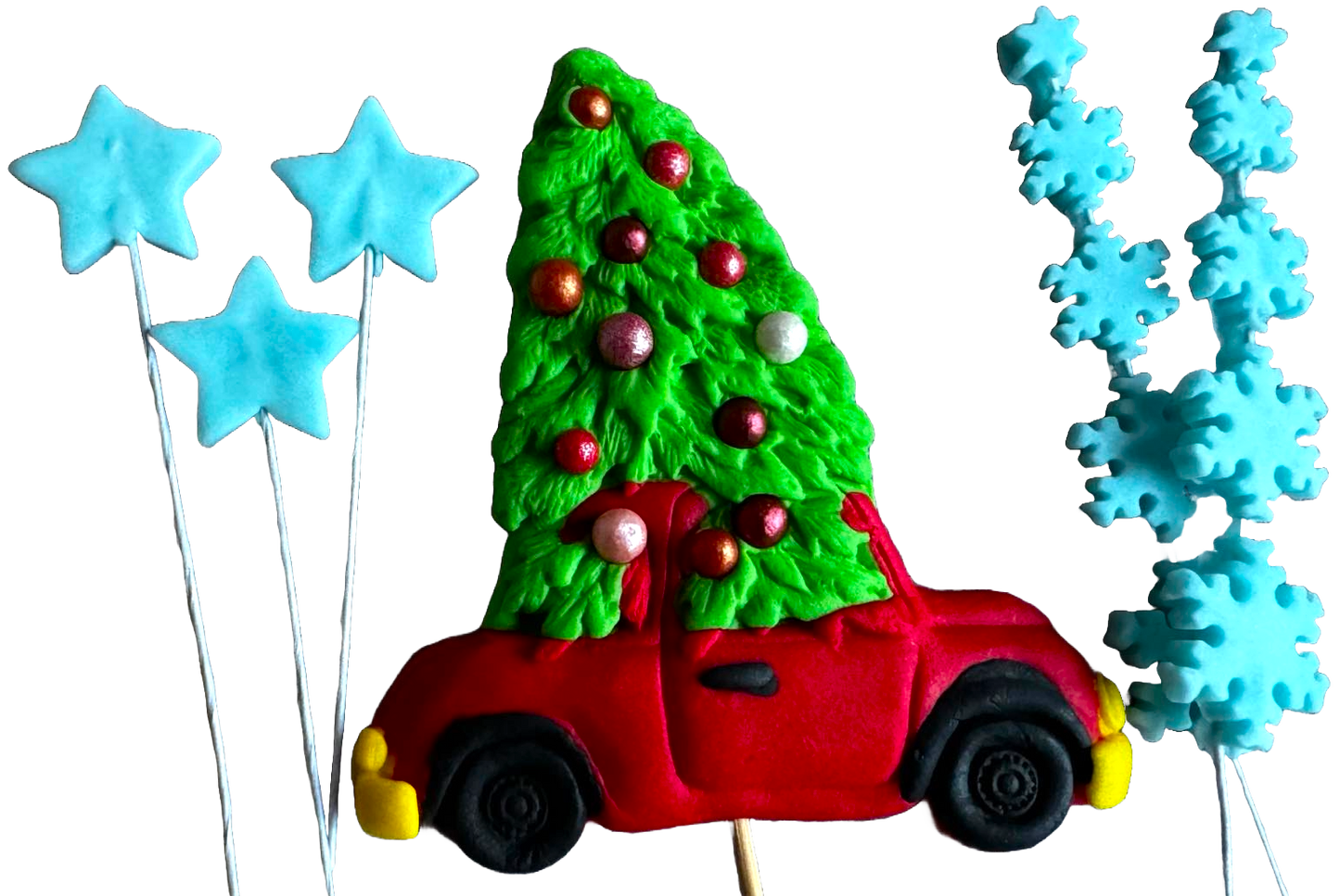 Sada 6 jedlých ozdob z cukrové pasty, Vánoce, auto, stromeček, hvězdičky a vločky Dekorace z cukrové pasty Naty Shop