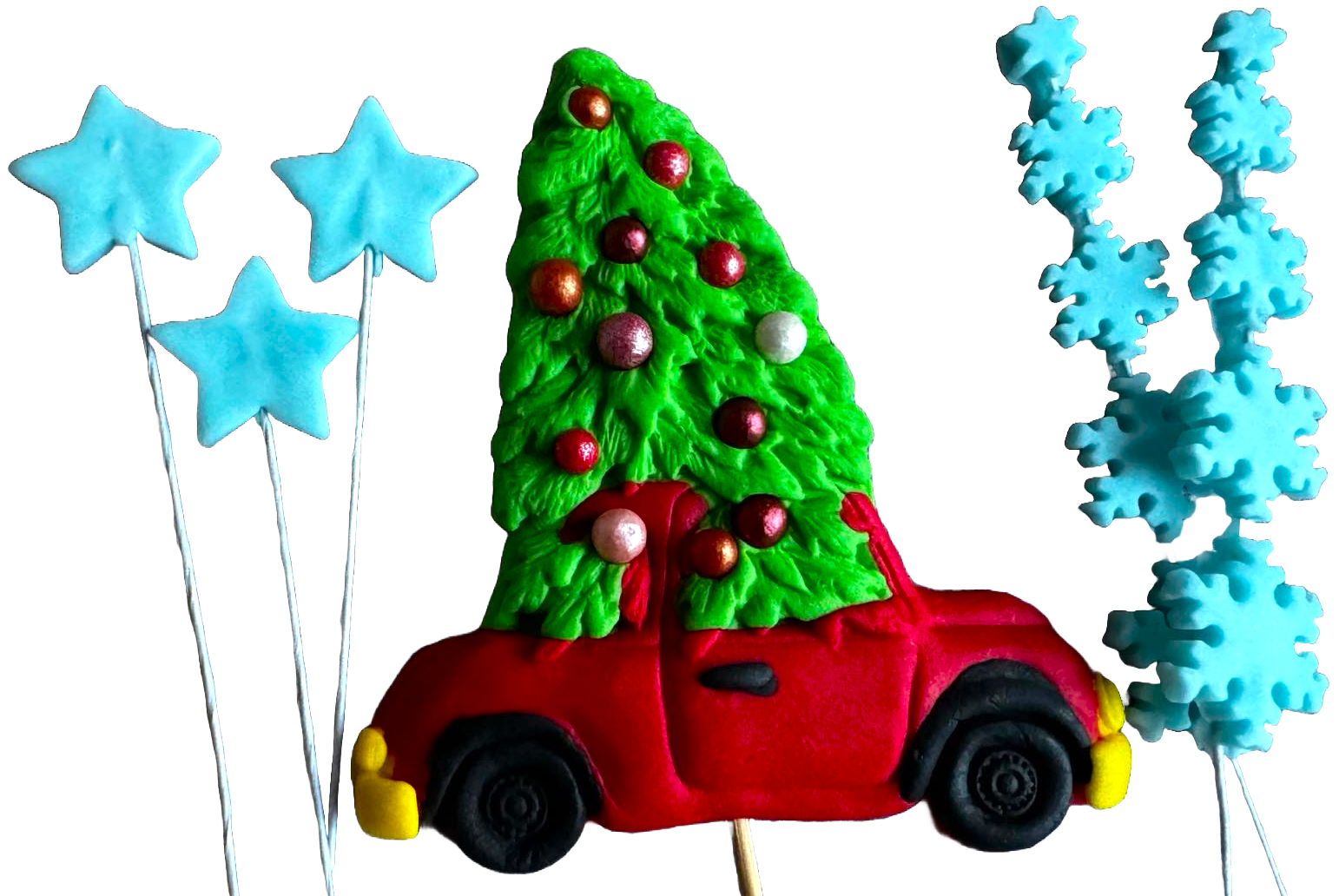Sada 6 jedlých ozdob z cukrové pasty, Vánoce, auto, stromeček, hvězdičky a vločky Dekorace z cukrové pasty Naty Shop