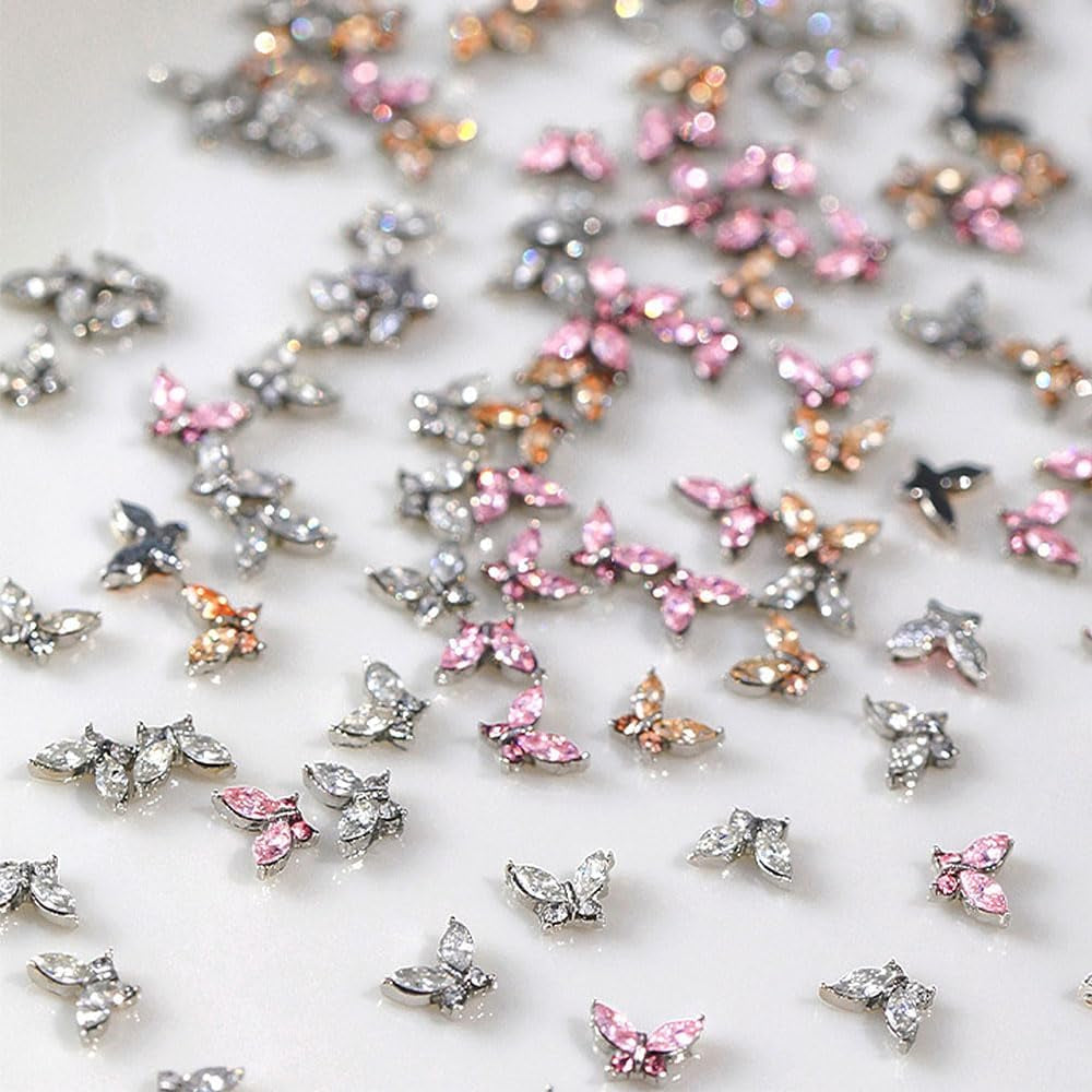 Mini Butterfly Zirkonové řetízky na klíče na nehty Y2K Bílá šampaňská Růžová drahokamu Crystal Butterfly Key Chains Nehty 3D Butterfly Design nehtů Klíčenky Butterfly Nails Dekorace Nail Art Klíčenky Nehtové doplňky