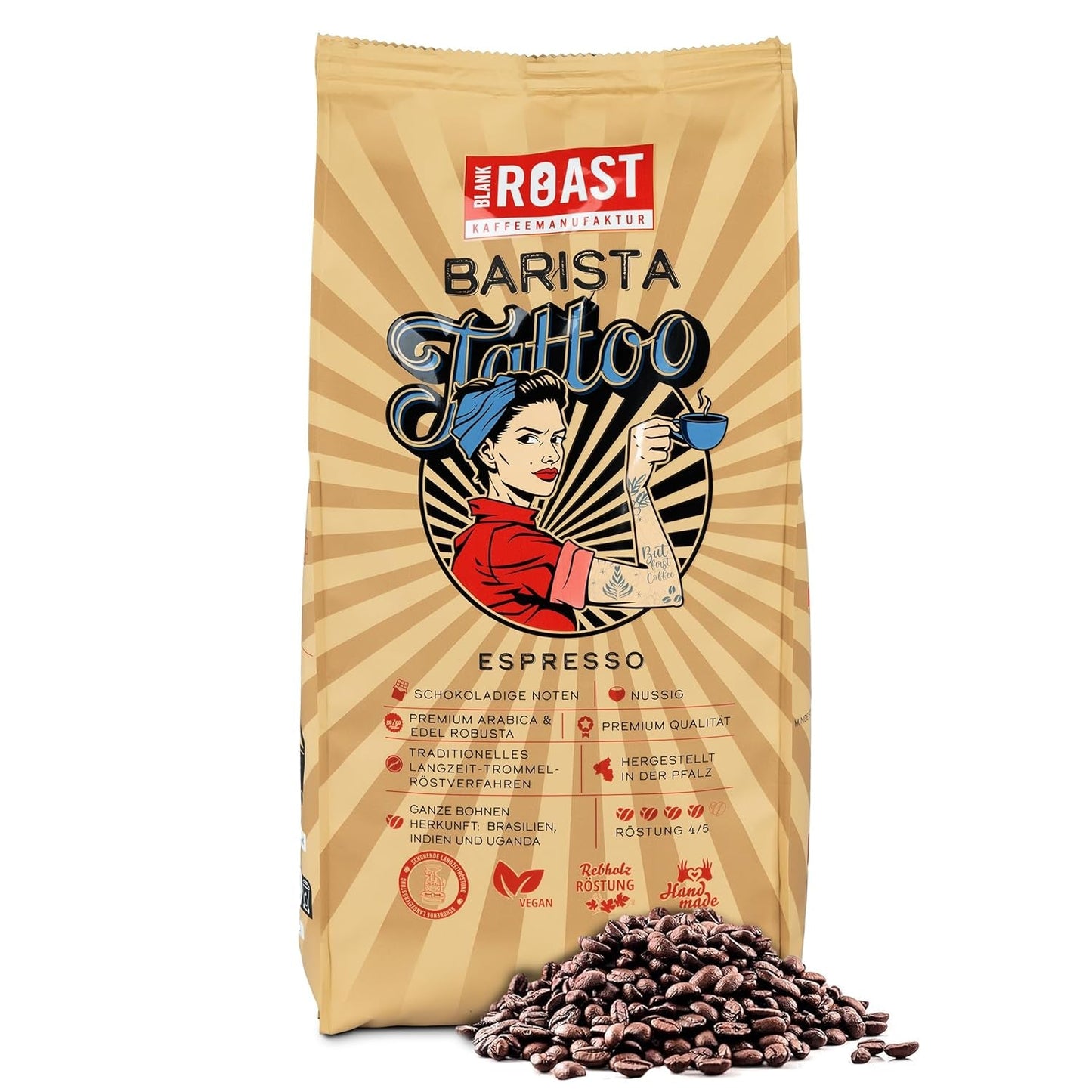 BLANK ROAST - Barista Tattoo Espresso - 1000 g - im Langzeit Trommel-Röstverfahren geröstet - Bohnen aus den besten Anbaugebieten - Premium Arabica & Edel Robusta - schokoladig & nussig - säurearm