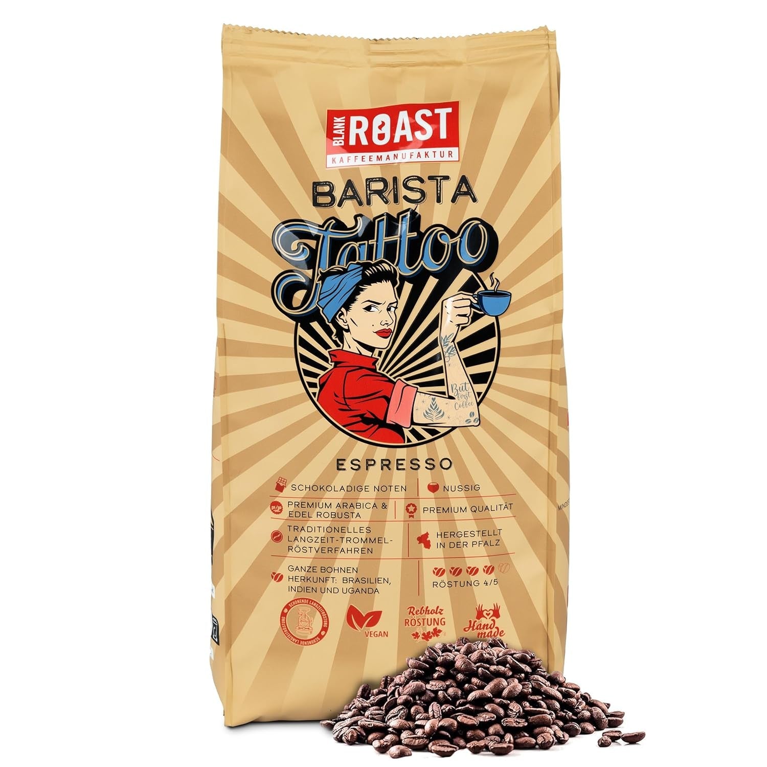 BLANK ROAST - Barista Tattoo Espresso - 1000 g - im Langzeit Trommel-Röstverfahren geröstet - Bohnen aus den besten Anbaugebieten - Premium Arabica & Edel Robusta - schokoladig & nussig - säurearm