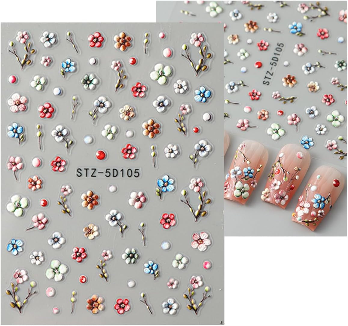 JMEOWIO 3D Nálepka na nehty Blumen Frucht Nálepka na nehty Selbstklebend Nagelaufkleber 5D Stereoskopická dekorace Nageldesign Zubehör 4 Blatt
