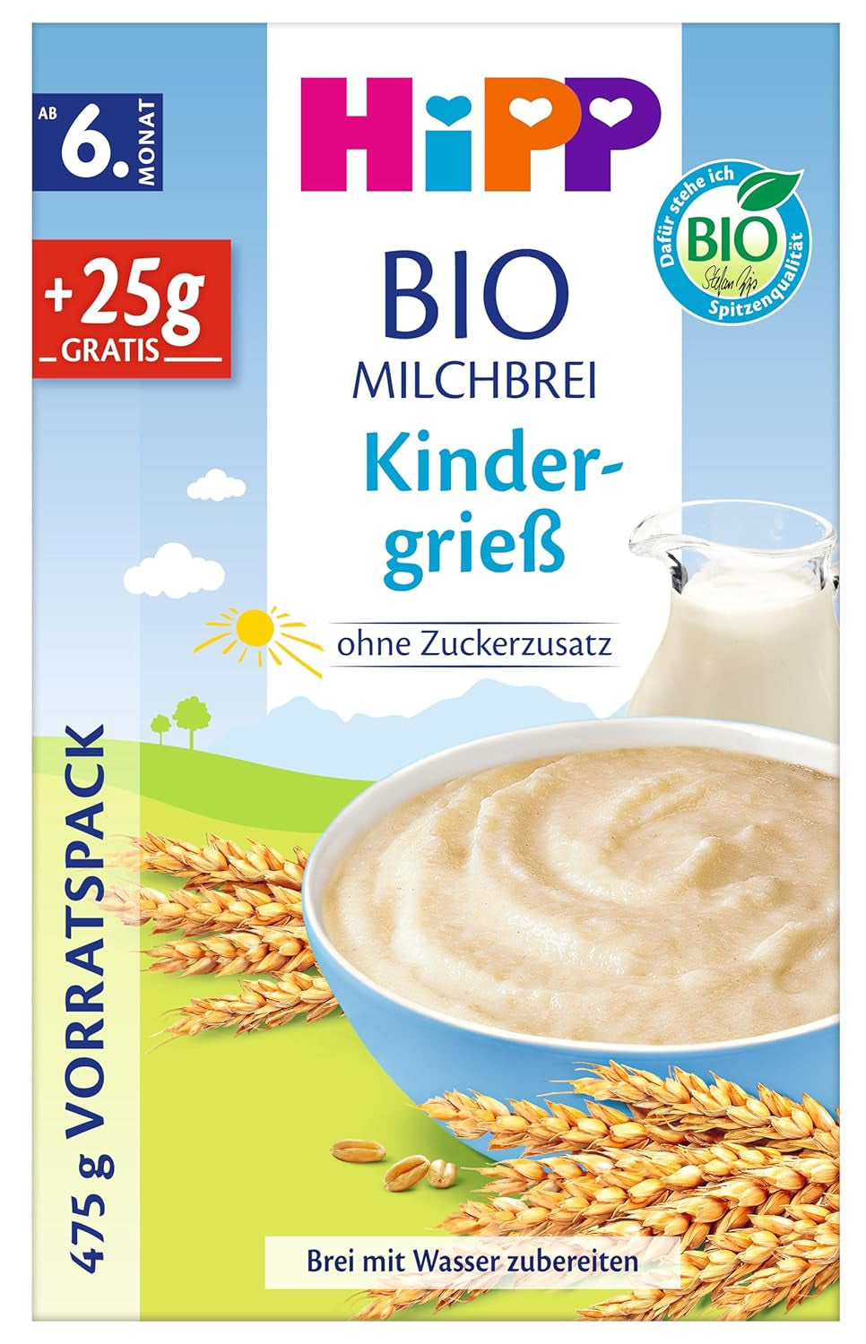 HiPP Bio mléčná kaše pro miminka (4 x 475 g), od 6 měsíců, bez přidaného cukru, šetrná k dětskému bříšku, nejlepší bio kvalita