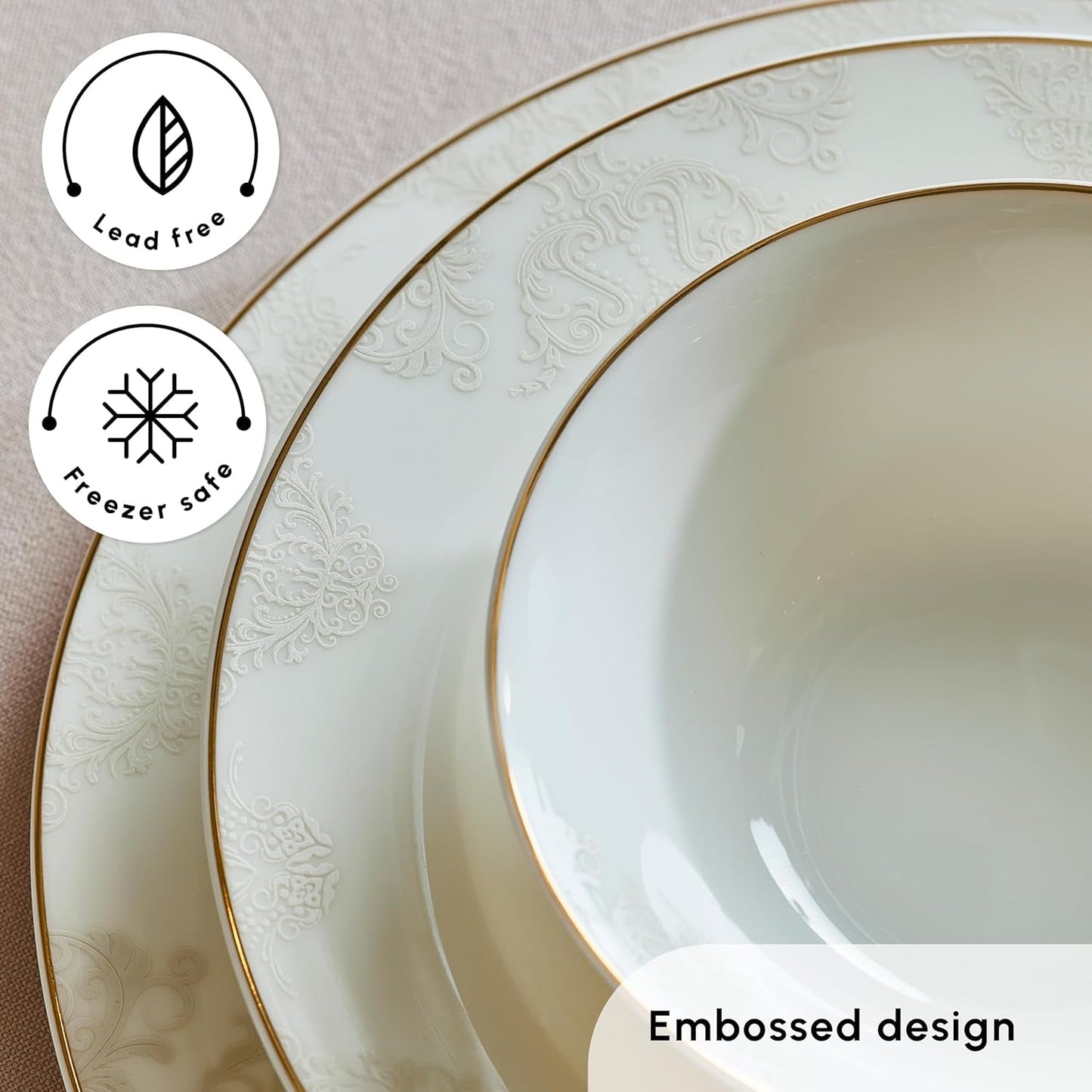 Sada nádobí Karaca Elegance Bone Siena pro 12, sada moderního porcelánového nádobí, sada nádobí s polévkovými miskami, servírovací talíř, hluboké talíře, dezertní talíře – bílé a zlaté
