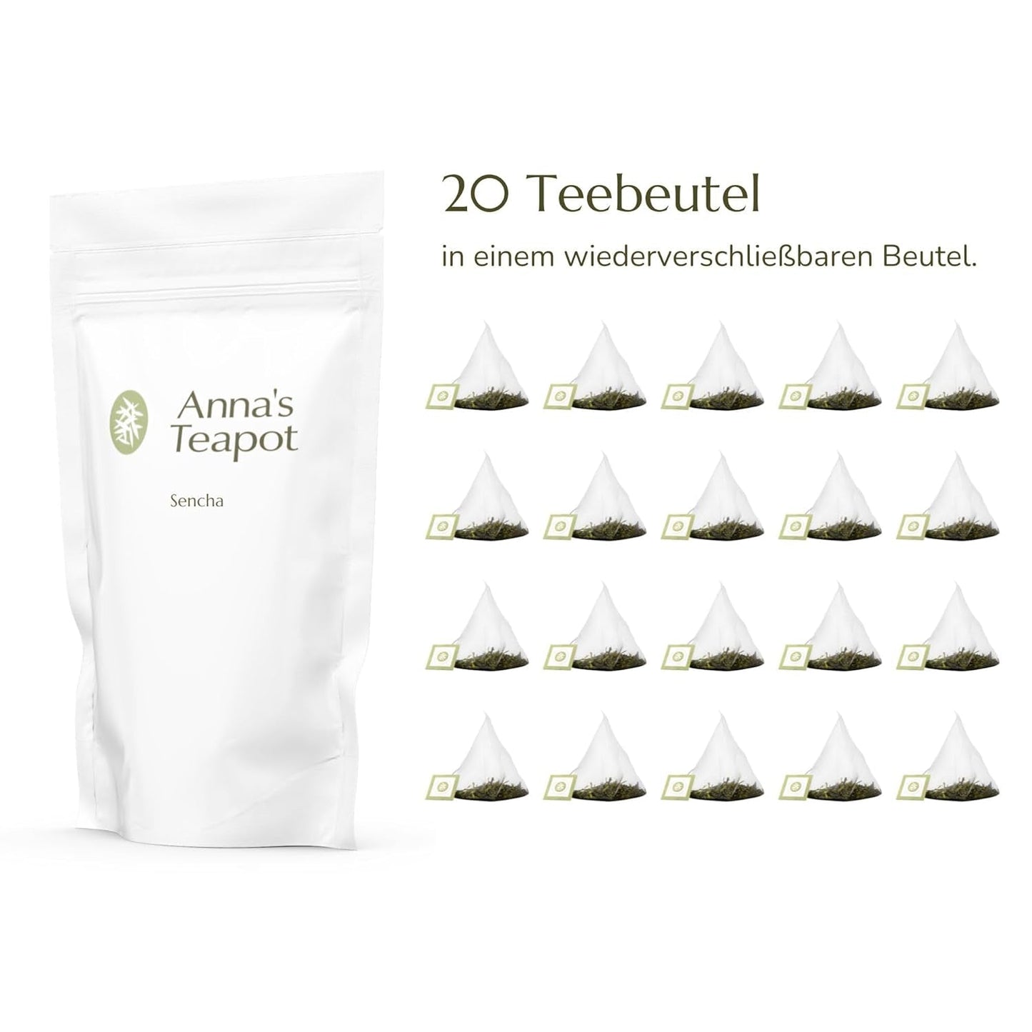 Anna'S Teapot Sencha Bio sáčky zeleného čaje - Bio japonský zelený čaj 20 pyramidových sáčků v uzavíratelném sáčku