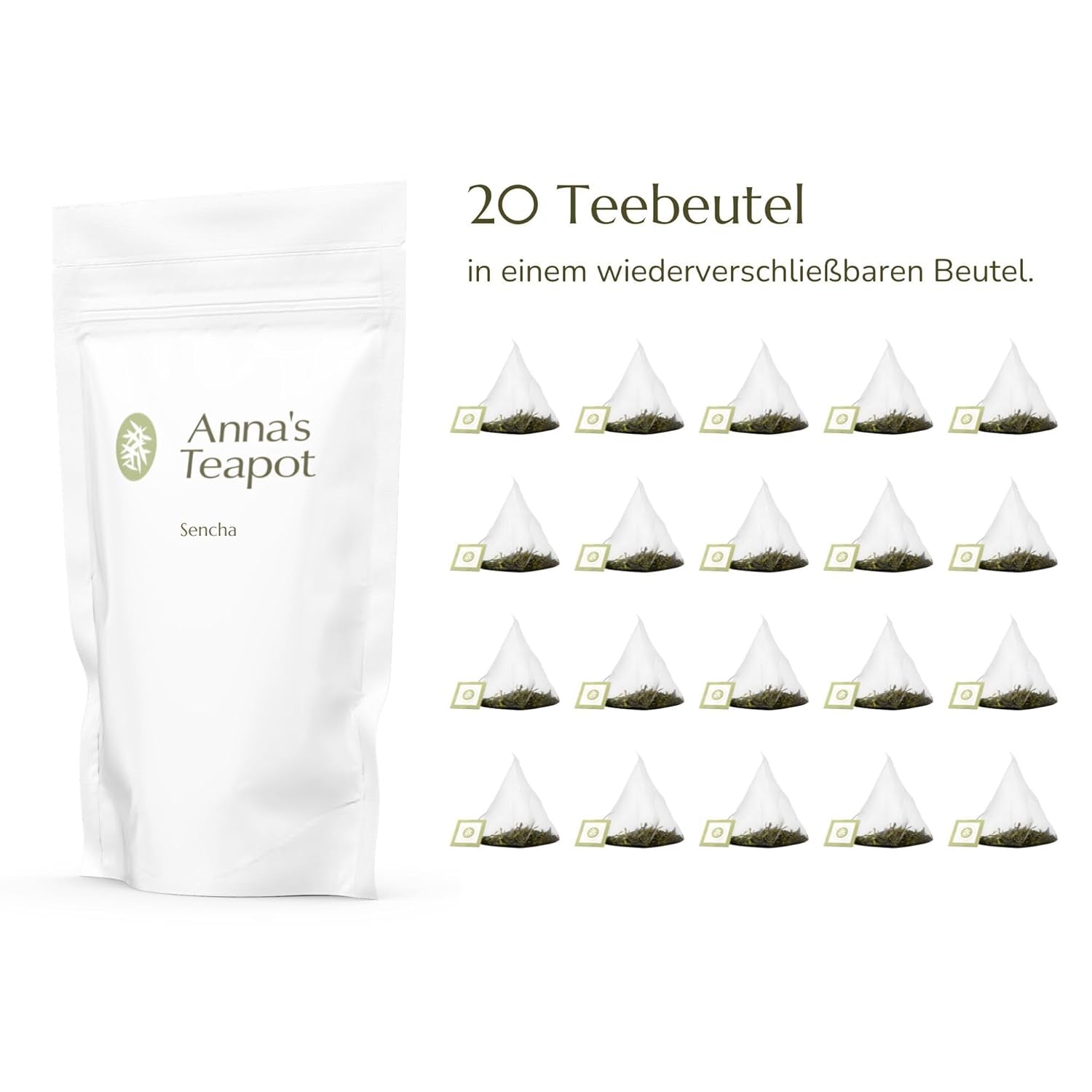 Anna'S Teapot Sencha Bio sáčky zeleného čaje - Bio japonský zelený čaj 20 pyramidových sáčků v uzavíratelném sáčku