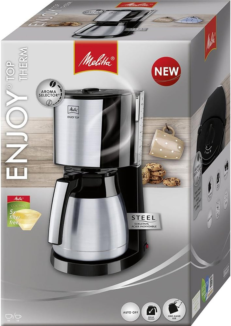 Melitta Enjoy Top Therm - Espresso kávovar s filtrem a termokonvicí z nerezové oceli, pro až 10 šálků kávy, černá/nerezová ocel