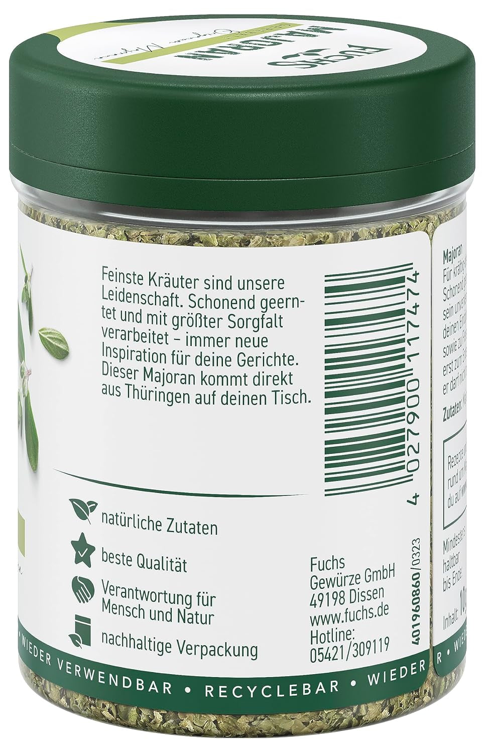 Fuchs Gewürze - Majoránka gerebelt - zum Würzen von Kartoffelgerichten, Fleischgerichten oder Eintöpfen - přírodní složky - 10 g v wiederverwendbarer, recyclebarer Dávka