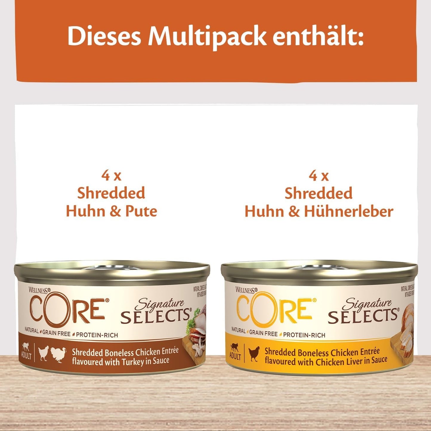 Wellness CORE Signature Selects 8 x 79 g, kuřecí a krůtí směs - mokré krmivo pro kočky, lahodné proužky v omáčce, bez obilovin, přírodní, hypoalergenní, s vysokým obsahem bílkovin, s vysokým obsahem masa