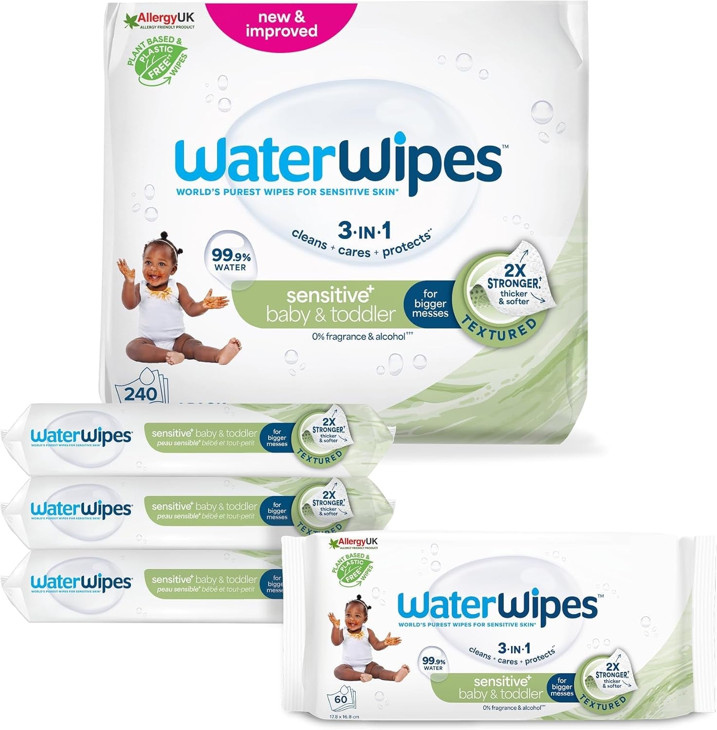 WaterWipes Sensitive+ vlhčené ubrousky pro kojence a batolata, počet 720 (12 balení), 3 v 1 čištění, péče, ochrana, 99,9 % vody, texturované čištění, bez parfemace