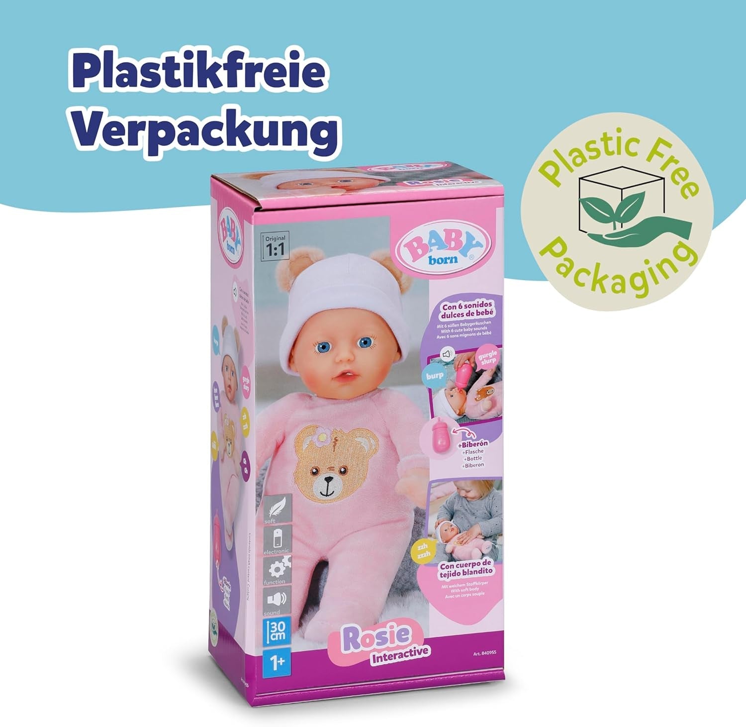 Baby Born Rosie měkká panenka 30 cm se 6 zvuky a lahvičkou, růžová