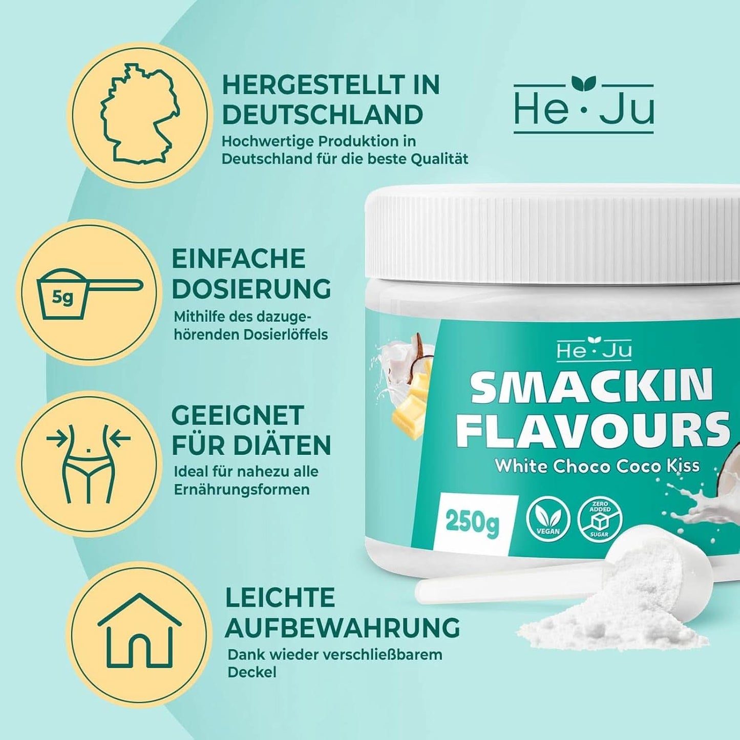 He-Ju, prášek s příchutí bílé čokolády a kokosu, 250 gramů Aromas Naty Shop
