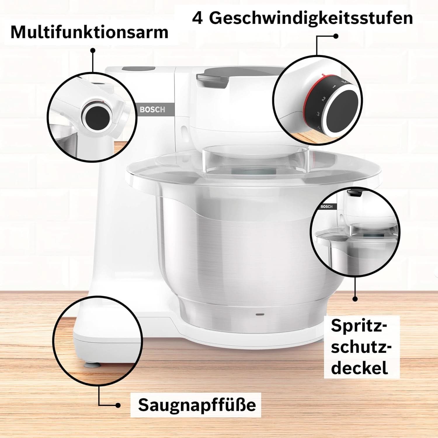 Bosch Küchenmaschine Serie 2 MUMS2EW00, Edelstahl-Schüssel 3,8 l, Planetenrührwerk, Knethaken, Schlag-, Rührbesen Edelstahl, 4 Arbeitsstufen, Durch Optionales Zubehör Erweiterbar, 700W, Weiß Kitchen