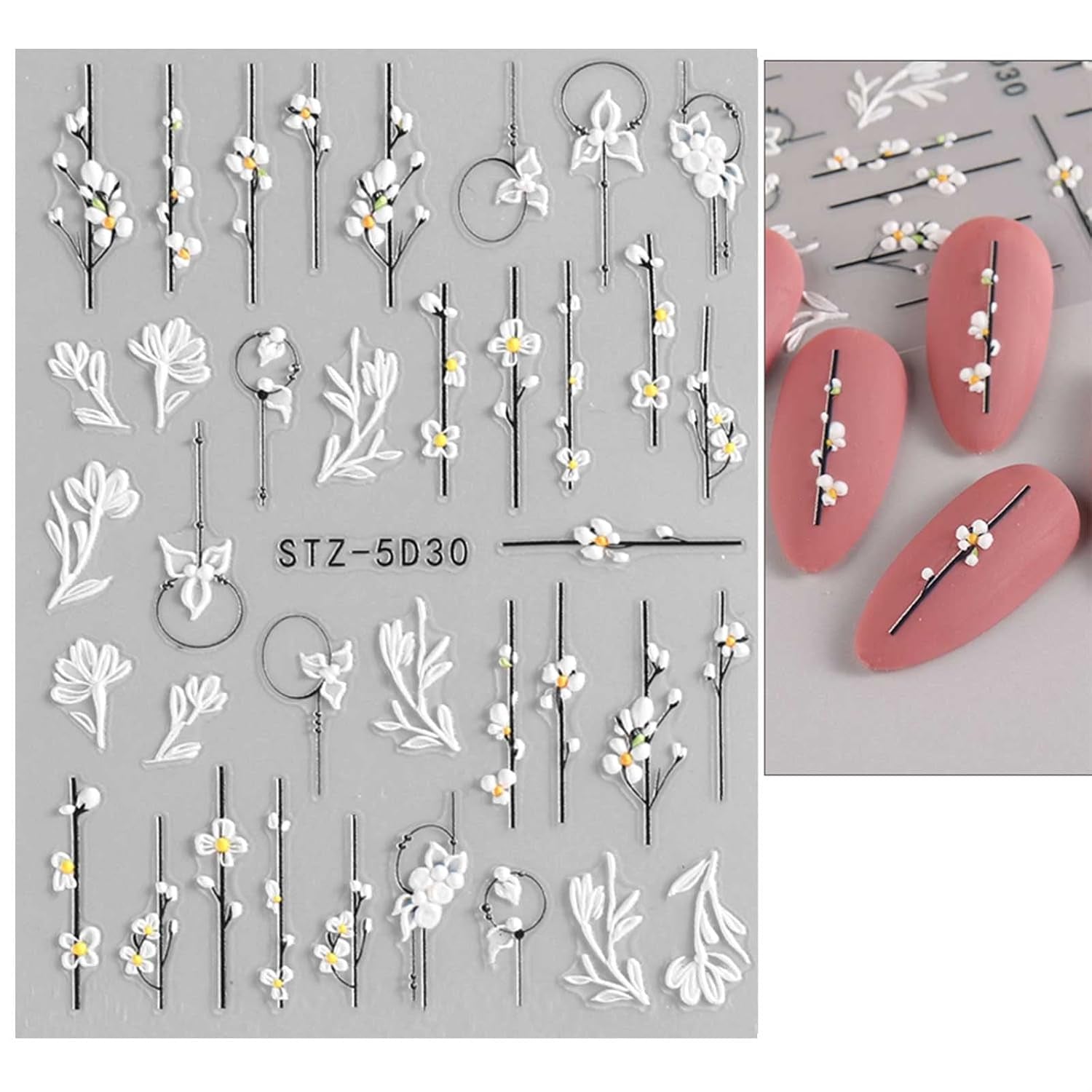 JMEOWIO 3D Nálepka na nehty Frühling Blume Nálepka na nehty Selbstklebend Nagelaufkleber 5D Stereoskopisch Blumen Dekoration Nageldesign Zubehör 4 Blatt