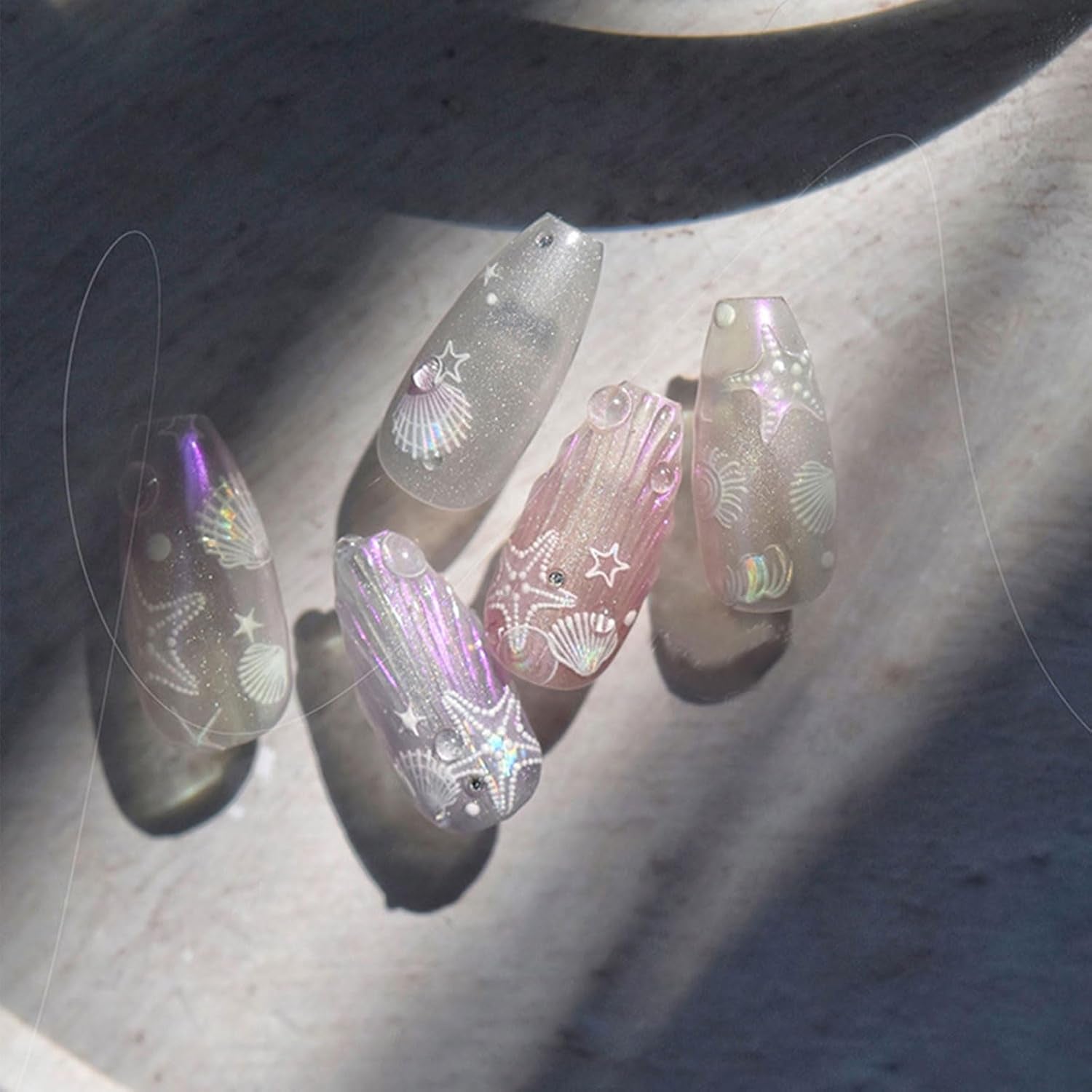 JMEOWIO 3D Nálepka na nehty Aurora Muschel Seestern Nálepka na nehty Selbtklebend Nagelaufkleber 5D Stereoskopické Ozean Téma Dekorace Nageldesign Zubehör 1 Blatt