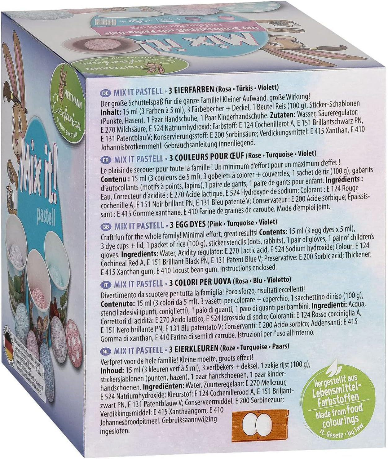 Heitmann Egg Dyes - Mix It Pastel - 3 tekutá vaječná barviva v růžové, tyrkysové a fialové, pohár, rýže, šablony a rukavice - snadné barvení vajíček