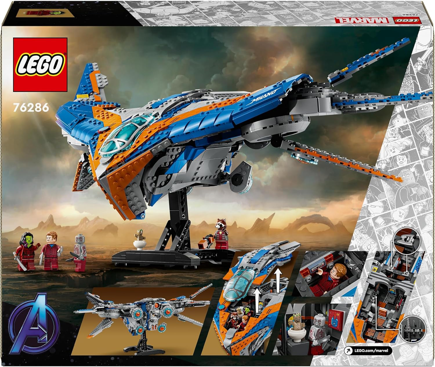 LEGO Marvel Guardians of the Galaxy: Model stavby vesmírné lodi Milano se 4 minifigurkami superhrdinů Avengers Leták pro vesmírná dobrodružství Dárek pro chlapce a dívky 76286 Stavebnice Beuche den LEGO-Store