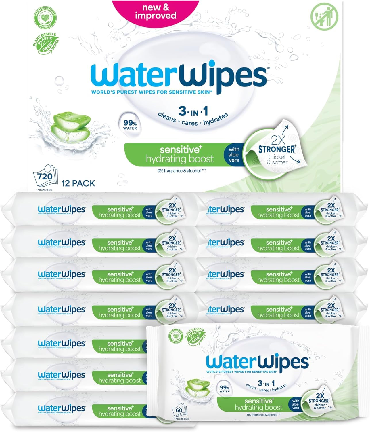 WaterWipes Sensitive+ Hydrating Boost vlhčené ubrousky, hydratační ubrousky, 360 kusů (6 balení), 3 v 1 čistí, pečují, hydratují, 99% voda z Aloe Vera, neparfémované dětské ubrousky