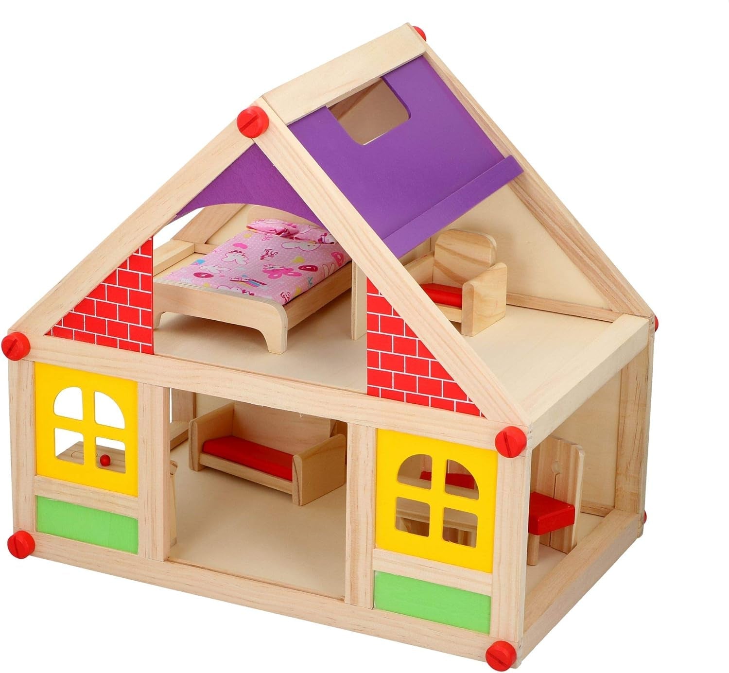 Loutky Wooden Toys - Dřevěný domeček pro panenky s nábytkem a panenkami - 11 kusů Domky pro panenky Naty Shop