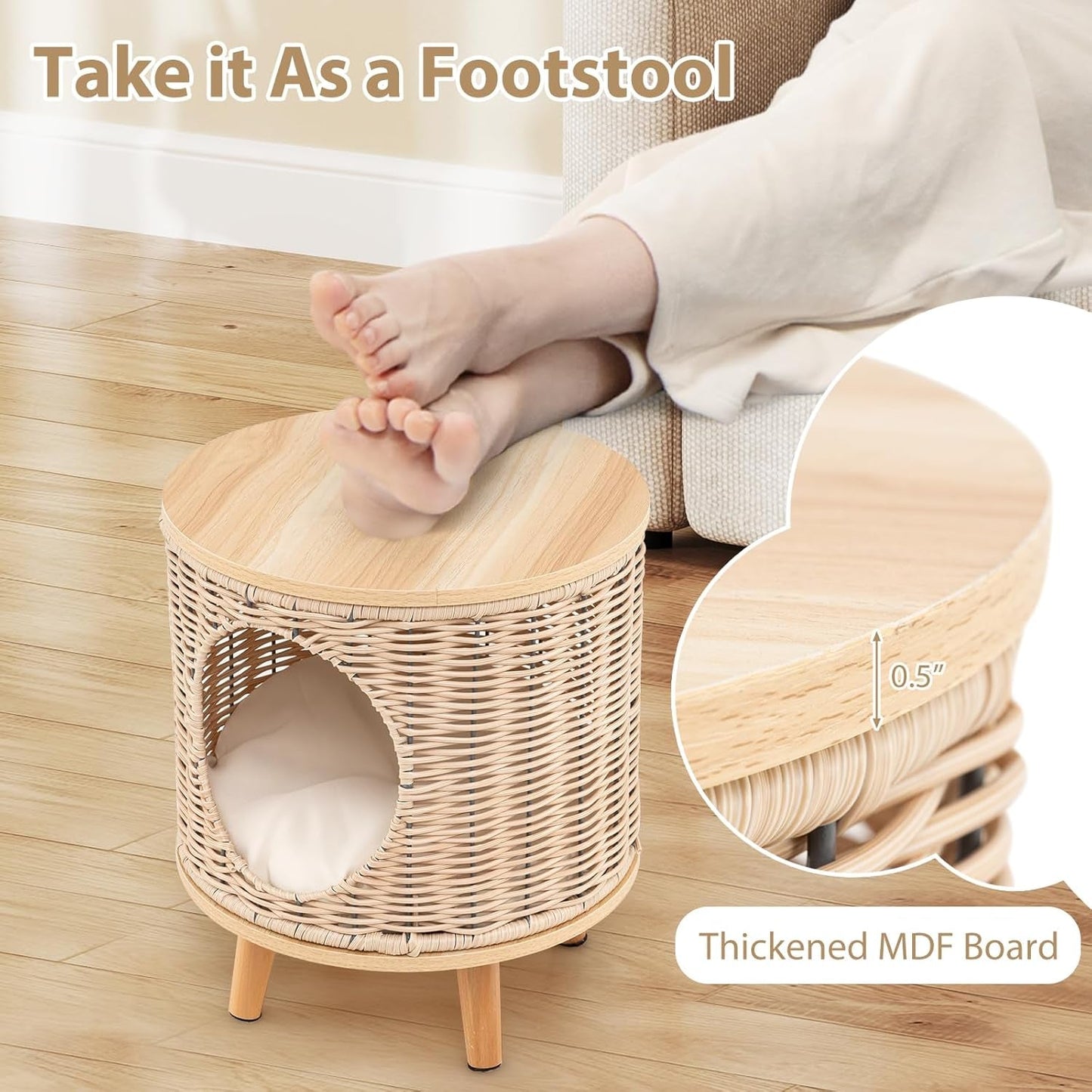 Katzenhaus Rattan, Katzenmöbel mit Holzbeinen & soft Kissen, 3v1 Katzenhöhle Fußhocker Nachttisch, Katzenbett stabil bis 30 kg für Wohnzimmer Schlafzimmer