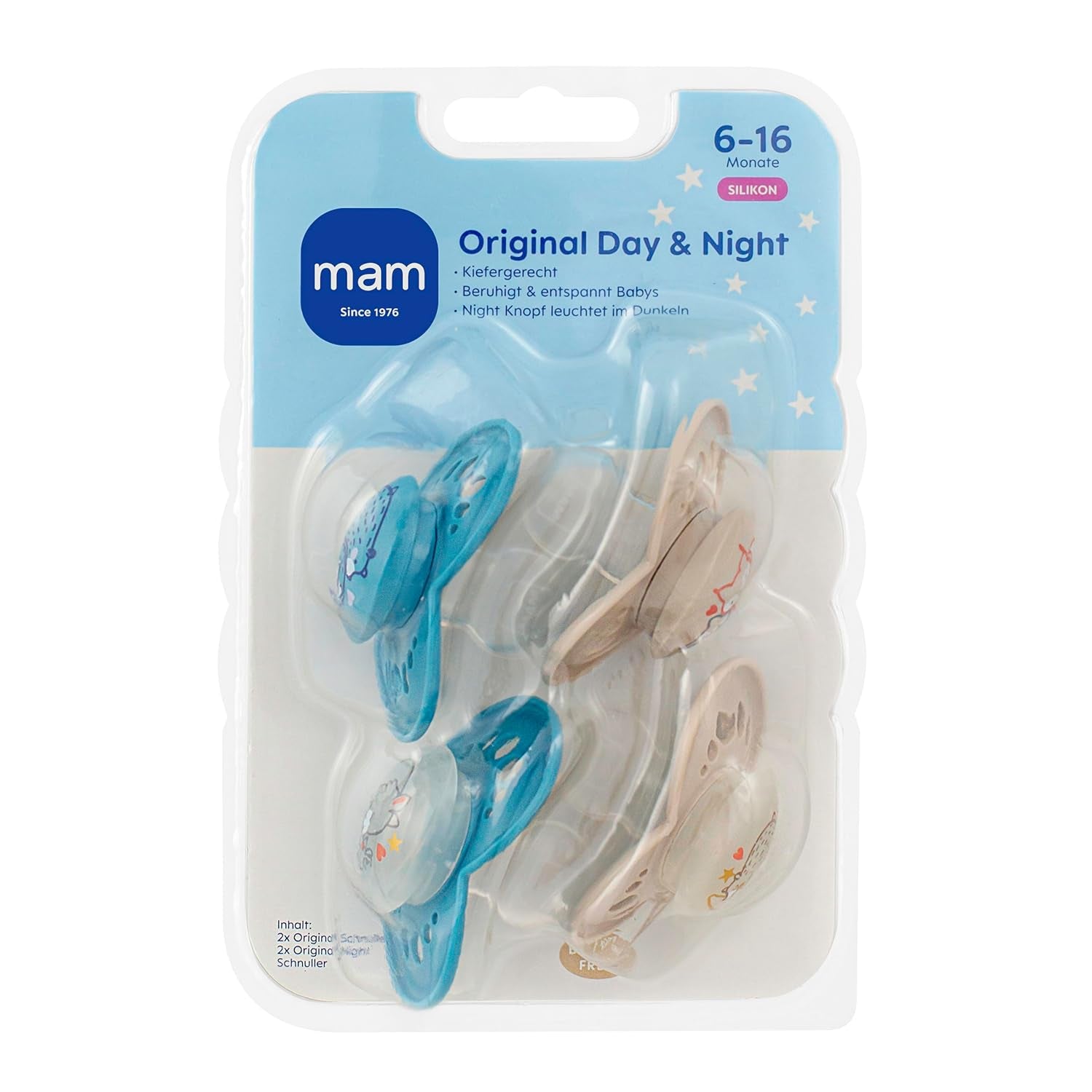 Originální matné dudlíky MAM Day & Night | 6-16 měsíců | Sada dudlíků | Přijetí 94 % | Pomáhá předcházet nežádoucímu zarovnání zubů | Vyvinuto ve spolupráci se zubními lékaři | Silikonový SkinSoft | Medvěd/Liška | Balení po 4 kusech