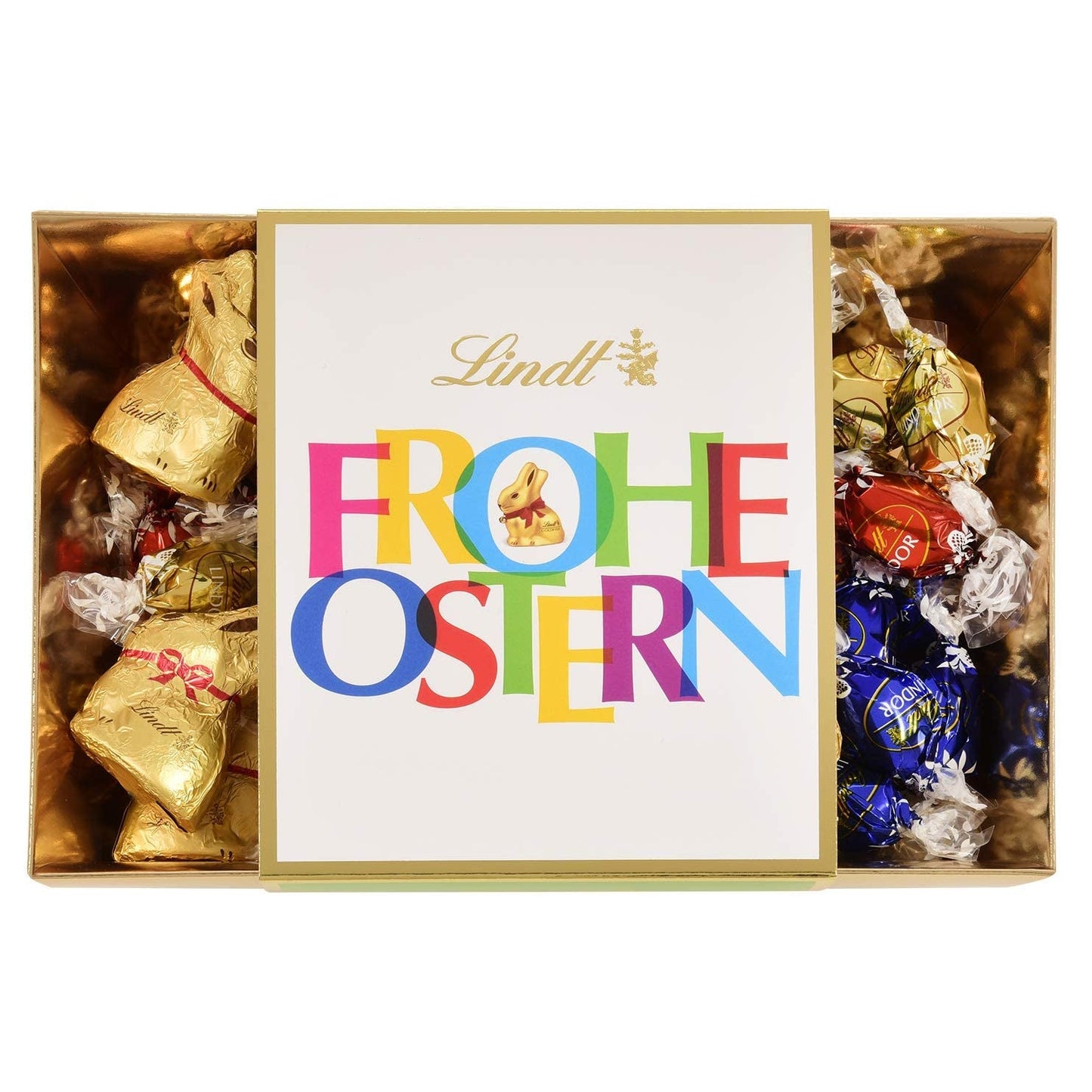 Barevné Lindt čokoládové velikonoční hnízdo | 310 g | 8 x Mini Golden Bunnies, 26 x Lindor mléčná čokoládová vejce, 15 x Lindor bílá čokoládová vejce, 10 x Lindor vejce z tmavé čokolády | Velikonoční čokoláda | Dárek z čokolády