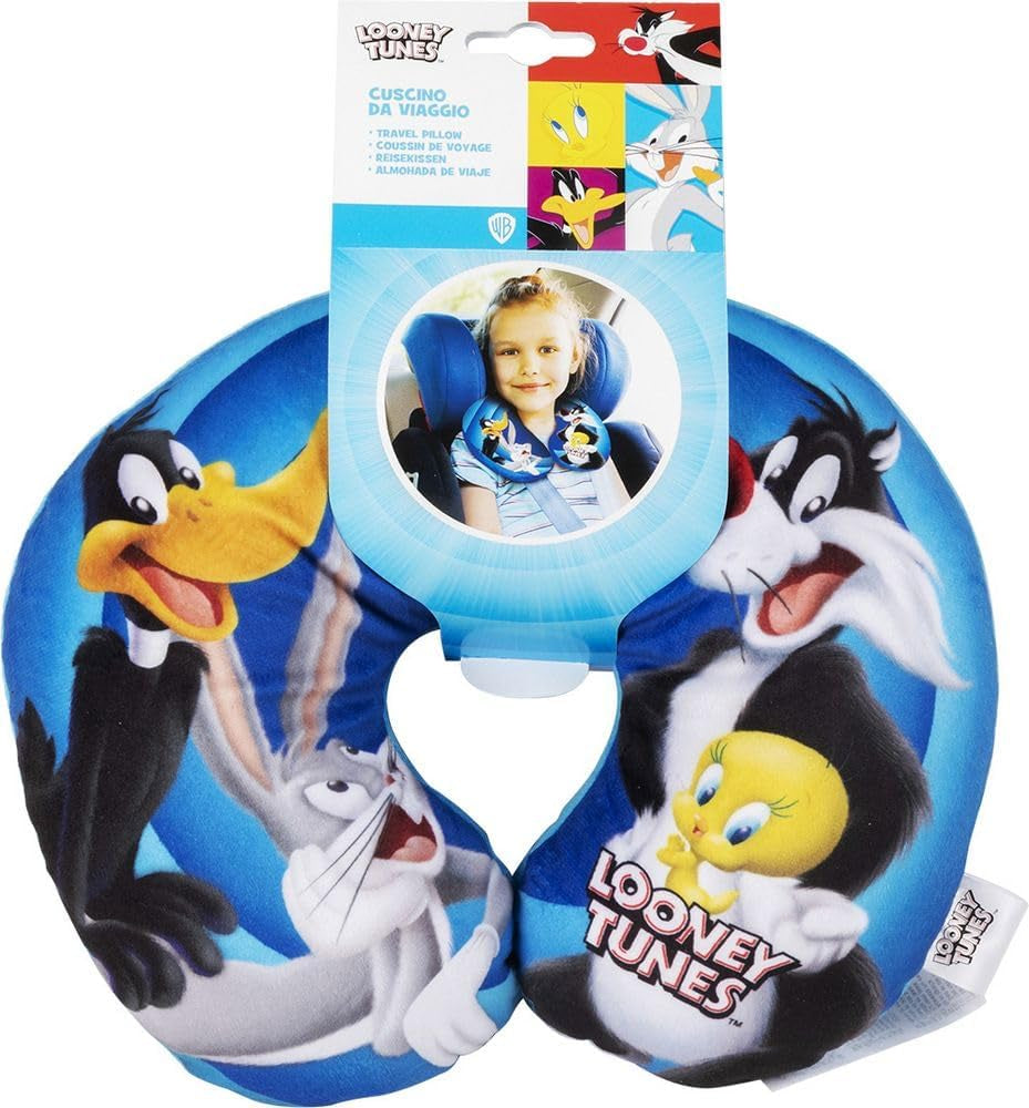 Warner Bros Looney Tunes Polštář pro holčičky na krk Měkký cestovní polštářek do auta Bunny Daffy Duck Silvestro Titti Pohodlné Cestovní polštáře Kreslený Modrý Naty Shop