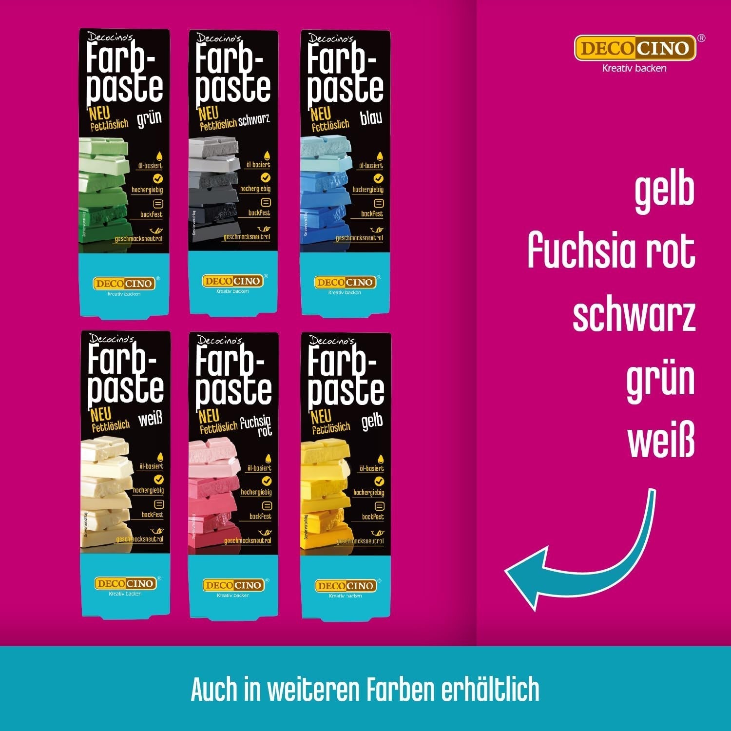 Decocino Barvicí pasta rozpustná v tucích Sada 6 - 6 x 15 g - Potravinářské barvivo červené, bílé, zelené, žluté, modré a černé, ideální pro barvení dortů, fondánu a krémů - Bez azo a lepku