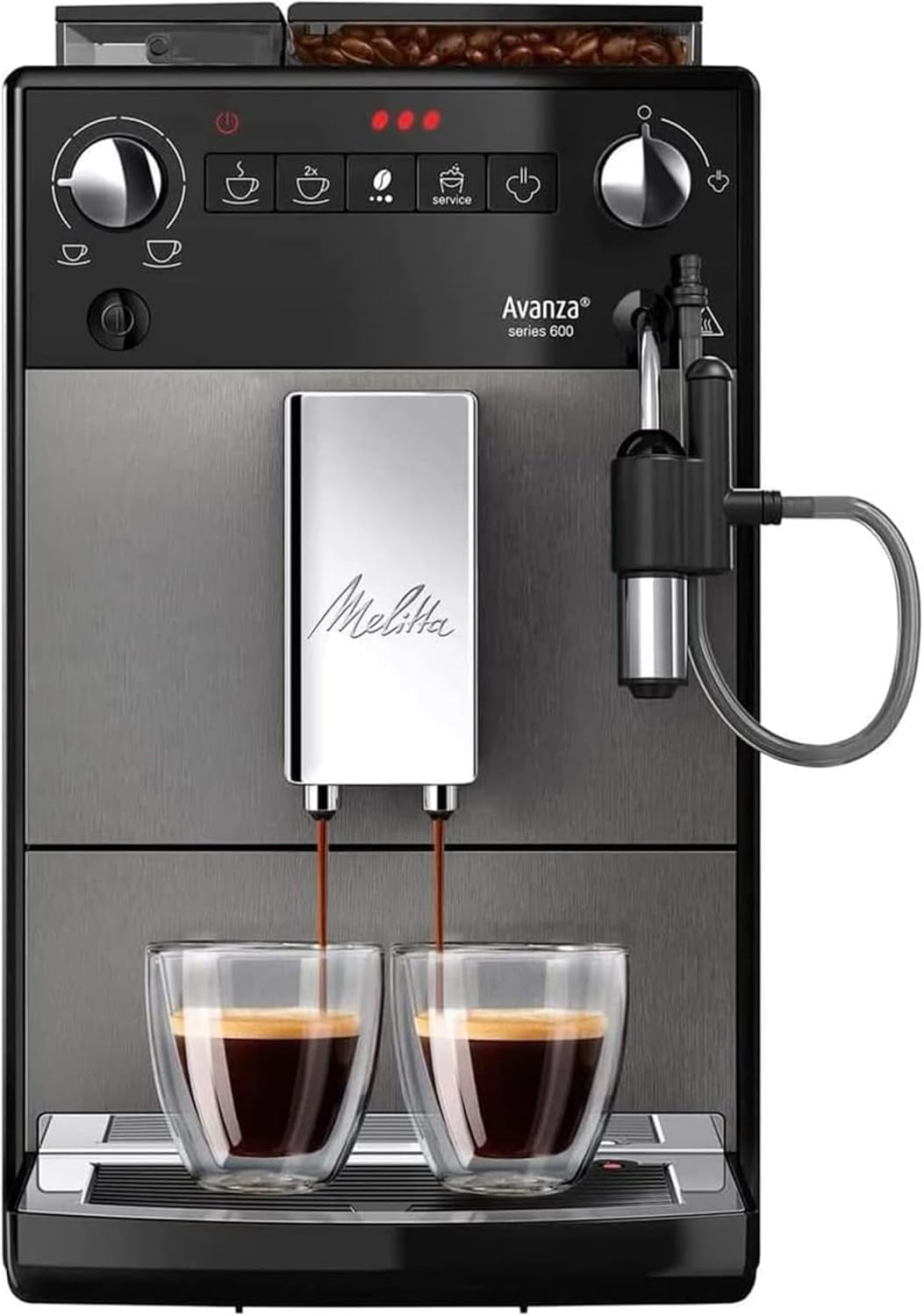 Melitta Avanza - Plně automatický espresso kávovar s mléčným systémem, espressovač s mlýnkem a extra velkou nádrží na vodu (1,5 l) např. cappuccino nebo espresso, mystický titán