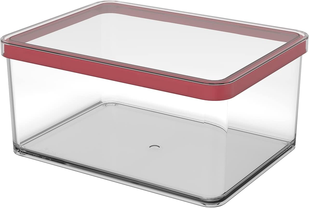 Rotho Loft sada 5 skladovacích dóz s víčkem, různé velikosti, potravinářský plast bez BPA (PP), čirý/červený, (21,4 x 21,4 x 23,5 cm) Naty Shop boxy na skladování potravin 2,25 l široké