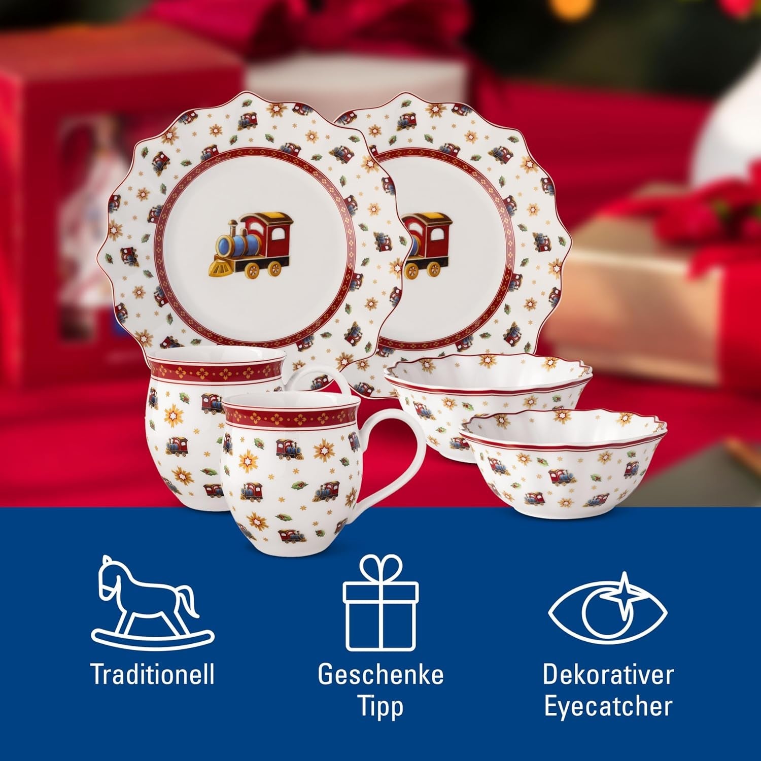 Villeroy & Boch - Toy's Delight Snídaňová sada pro 2, Lokomotiva, 6 kusů, Barevné, Vánoční, Sada nádobí s talíři, šálky a misky ke snídani, Vánoční nádobí, Prémiový porcelán