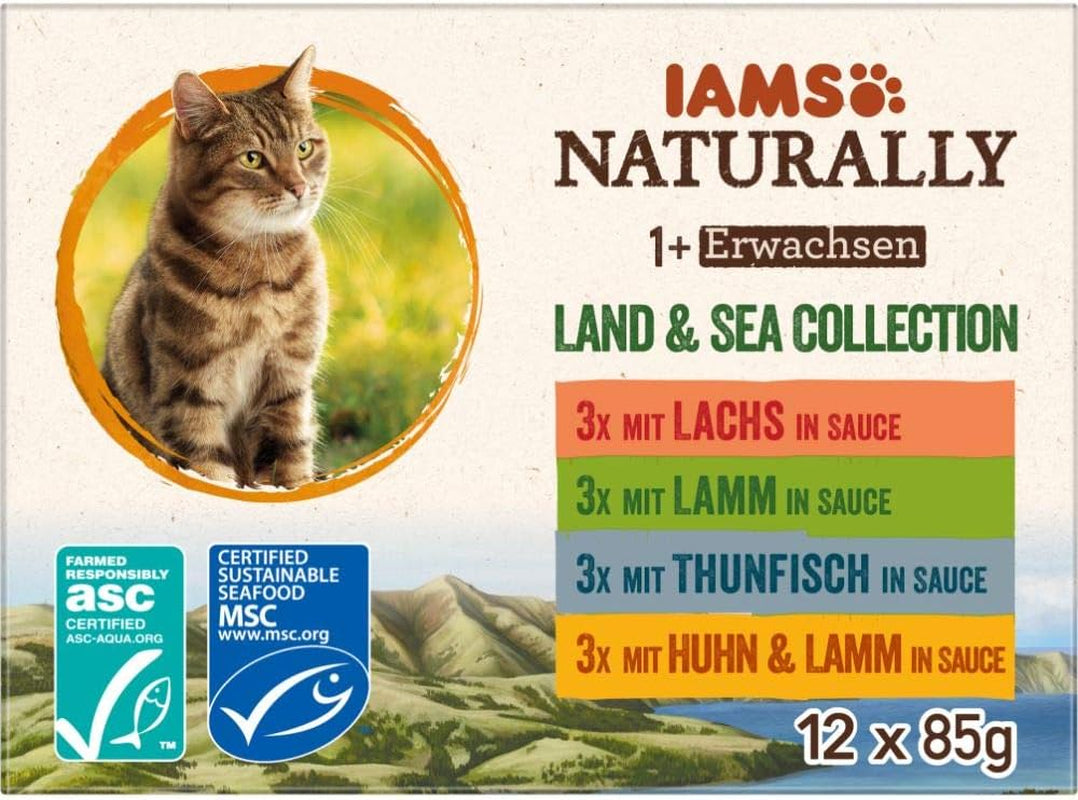 IAMS Natural Mokré krmivo pro kočky v omáčce - Vysoce kvalitní mokré krmivo pro maso a ryby pro dospělé kočky, Land & Sea Collection, 12 x 85 g