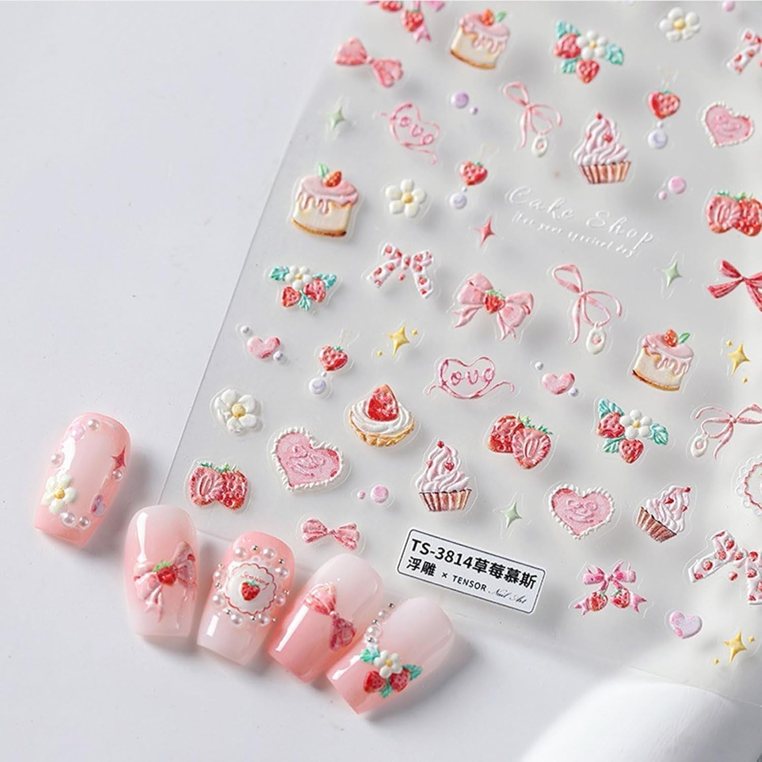 JMEOWIO 3D Nálepka na nehty Rosa Nálepka na nehty Selbstklebend Nagelaufkleber 5D Stereoskopisch Kuchen Erdbeerschleife Dekoration Nageldesign Zubehör 1 Blatt