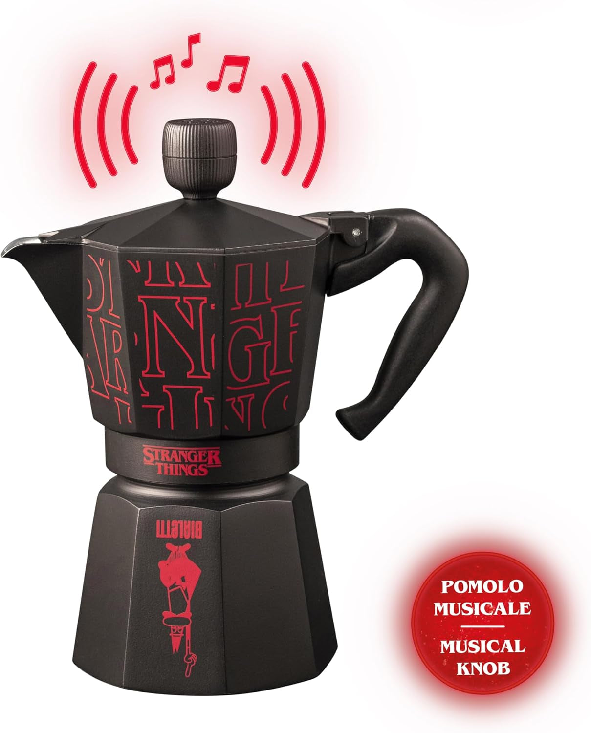 Kávovar Bialetti Moka Express Stranger Things na 6 šálků, hudební tlačítko s funkcí nabíjení USB-C, nevhodné pro indukční varné desky, 6 šálků (270 ml), černá
