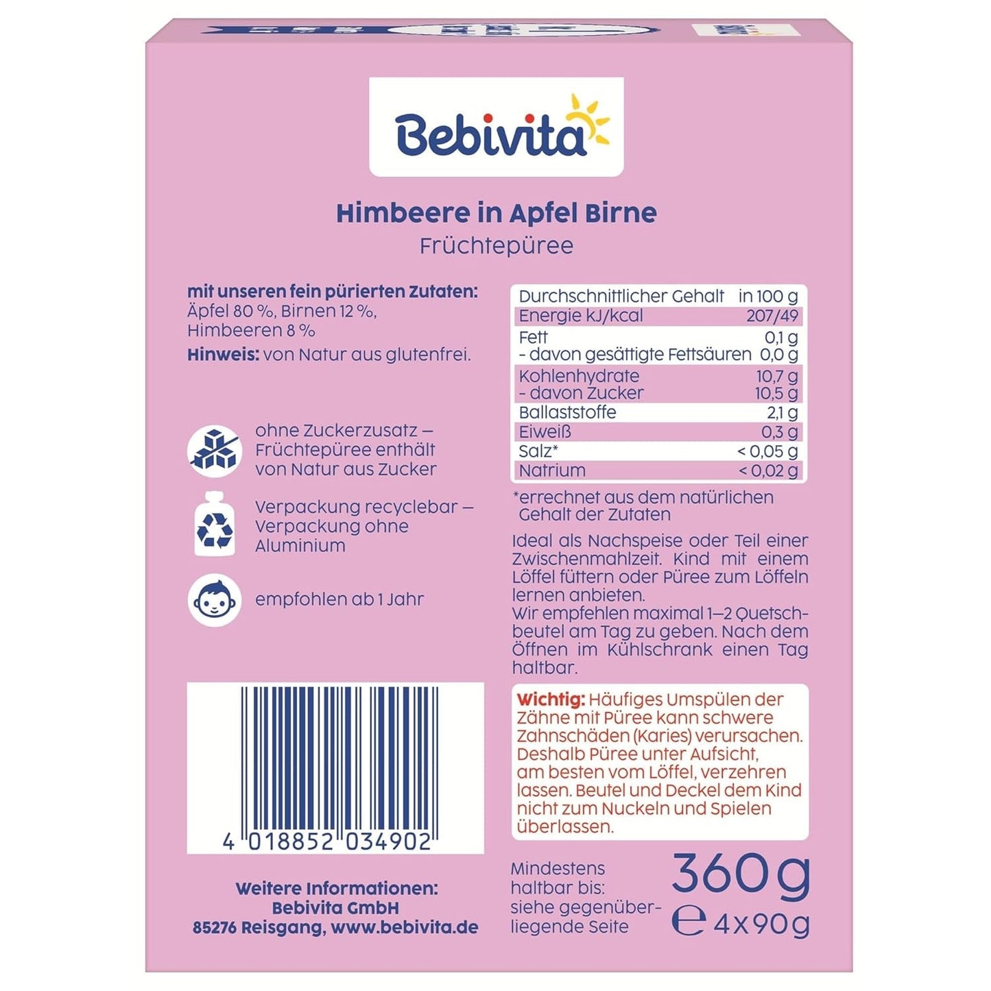 Himbeere in Apfel Birne Quetschie – 16 kusů (4er Pack, je 4 x 90 g), bez Zuckerzusatz, lepek, ideální pro svačinu a vlastní svačinu