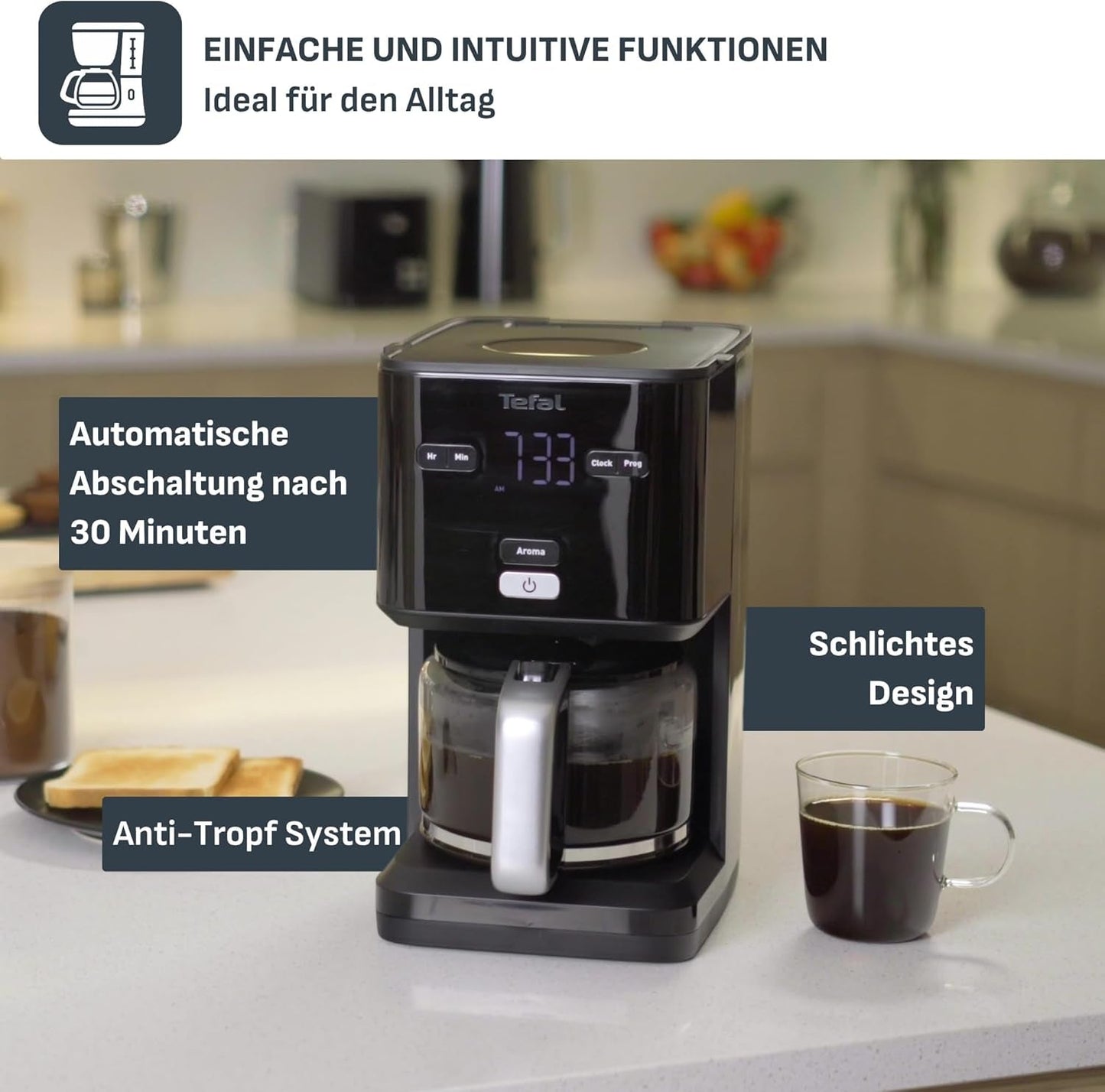 Espresso Tefal Smart'n Light s časovačem, Espresso s programovatelným filtrem 1,25 l, funkce aroma pro intenzivní aroma, funkce udržování teploty, proti odkapávání a snadné čištění, černá