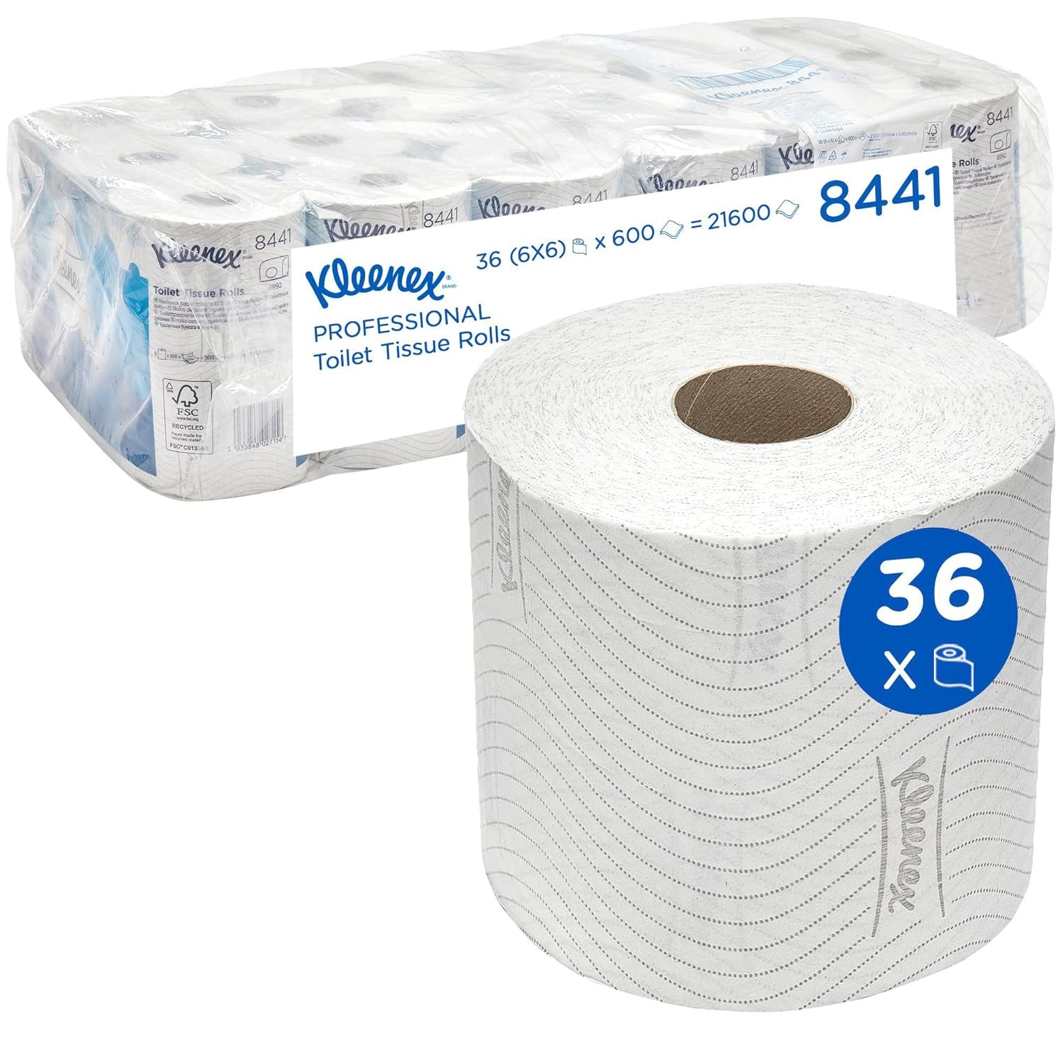 Kleenex Standardní role 8441 toaletní papír – 2vrstvý toaletní papír – 6 balení po 6 rolích x 600 listů, bílá (36 rolí/21 600 listů celkem)