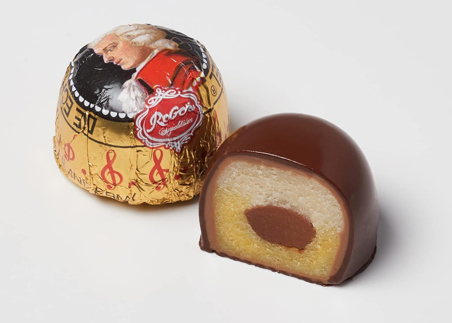 Rebel, Duet Mozart Kugeln, balení 2 ks, hořké čokoládové Mozartovy kuličky plněné pistáciemi a marcipánem, mandlemi a lískooříškovým nugátem, 40g (2 Mozartovy kuličky)