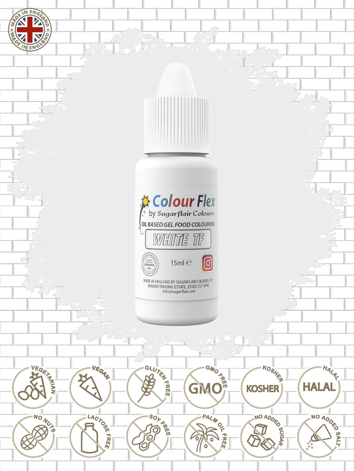Sugarflair Colourflex bílá potravinářská barva na olejové bázi, vysoce koncentrovaná tekutá potravinářská barva, potravinářská barva pro máslový krém, čokoládu, těsto, fondant, polevu a další – 15 ml