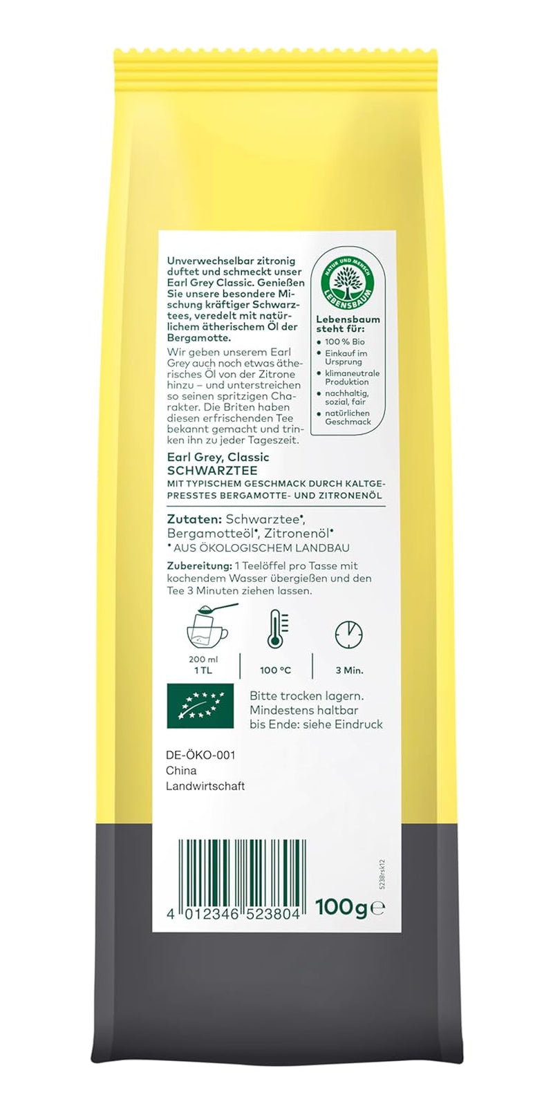 Lebensbaum Earl Grey klasický černý čaj s přírodním bergamotem a citronovým olejem, harmonický, aromatický, 100% bio, sypaný, 100 g