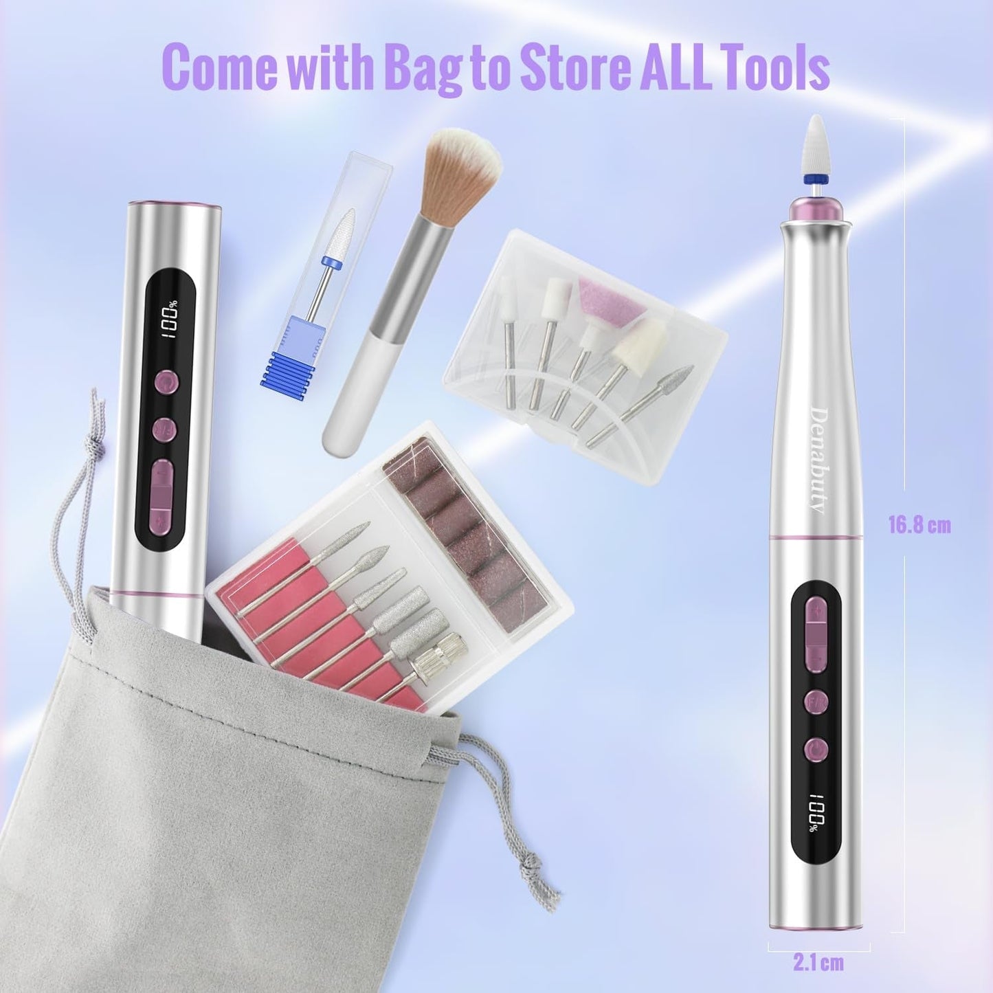 Denabuty Nagelfräser Kabellos, 13 v 1 Fräser Für Gelnägel 35000 U/Min, Elektrische Nagelfeile Professionell Nail Drill, Maniküre Und Pedicüre Set Elektrisch Für Semi Permanent, Acrylnägel DN-2402