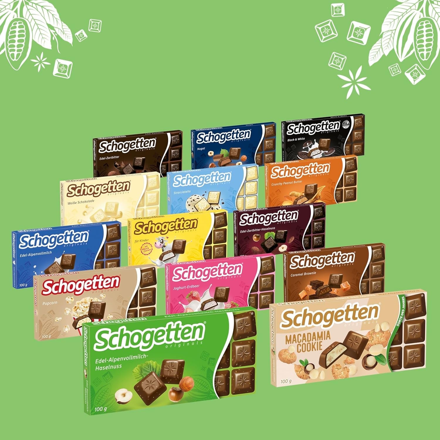 Schogetten Premium alpská mléčná čokoláda s lískovými oříšky, 100g čokoládová tyčinka, jednotlivě porcovaná. Potěšení. Kousek po kousku.