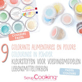 Scrapcooking - Sada 9 pastelových potravinářských barviv - Modrá, Žlutá, Korálová, Růžová, Tyrkysová, Limetkově zelená, Bílá, Aqua zelená, Powder Pink - Jedlé barvivo v prášku na dorty, muffiny, macarony - 4272