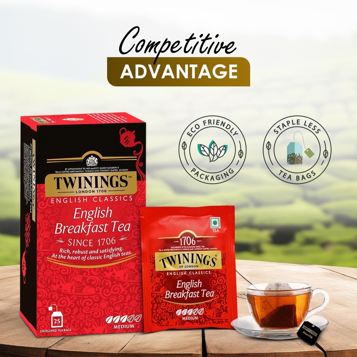 Twinings English Breakfast Black Tea 50g, 25 čajových sáčků, plný, kulatý a silný černý čaj z nejlepších čajových plantáží na Srí Lance a Indii. Černý čaj Balení 1 ks (1 x 50 g)