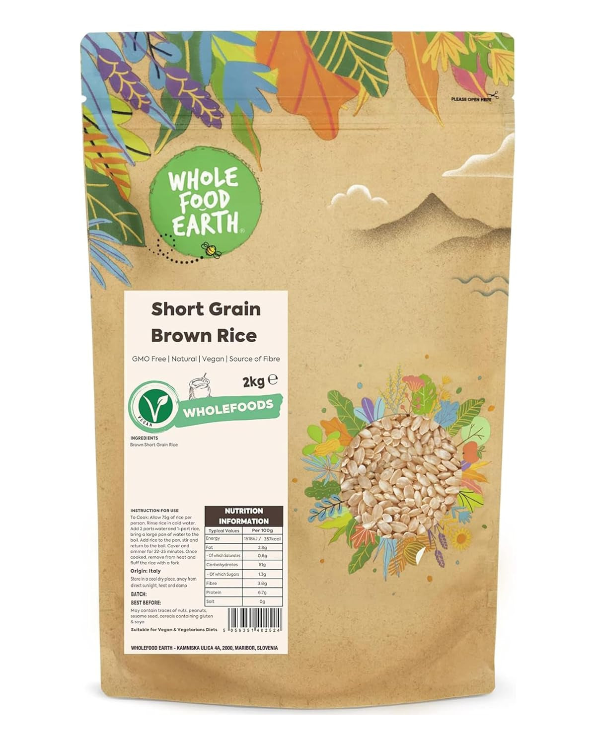 Wholefood Earth krátkozrnná hnědá rýže - bez GMO - přírodní - veganská - bez mléčných výrobků - bez přidaného cukru, 2 kg