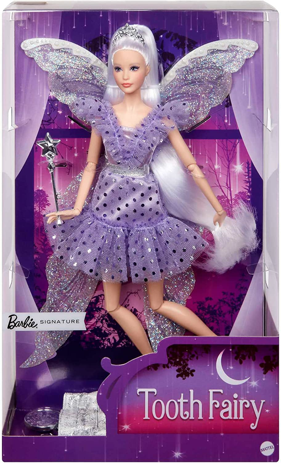 Panenka Barbie Signature Tooth Fairy Doll, sběratelská panenka s pohádkovými křídly, kouzelnou hůlkou a taškou na mince, dárek pro děti 6+, JCW43 Naty Shop Dolls Výchozí název